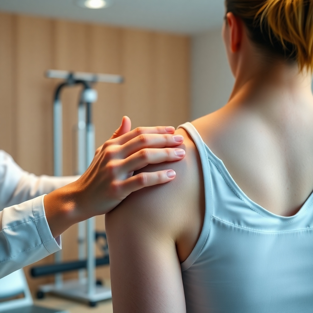 A photorealistic, ultra-high quality 8K image depicting a physiotherapist performing manual therapy on a patient's shoulder.  The scene is set in a bright, modern physiotherapy clinic with soft diffused lighting. The color palette is calming and natural, with warm wood tones and soft blues and greens. The camera angle is slightly elevated, providing a clear view of the therapist's hands gently manipulating the patient's shoulder. The therapist is wearing a clean, white uniform, and the patient is wearing comfortable athletic clothing.  Focus is on the detailed texture of the skin, the muscles, and the therapist's hands.  The background is blurred but shows other exercise equipment, hinting at a professional and caring environment. The image should evoke a sense of trust, care, and relief.  The overall mood is serene and peaceful. Style reference: Annie Leibovitz.  Render with hyperrealistic detail, focusing on the fine details of muscle and skin texture, and realistic lighting and shadowing.