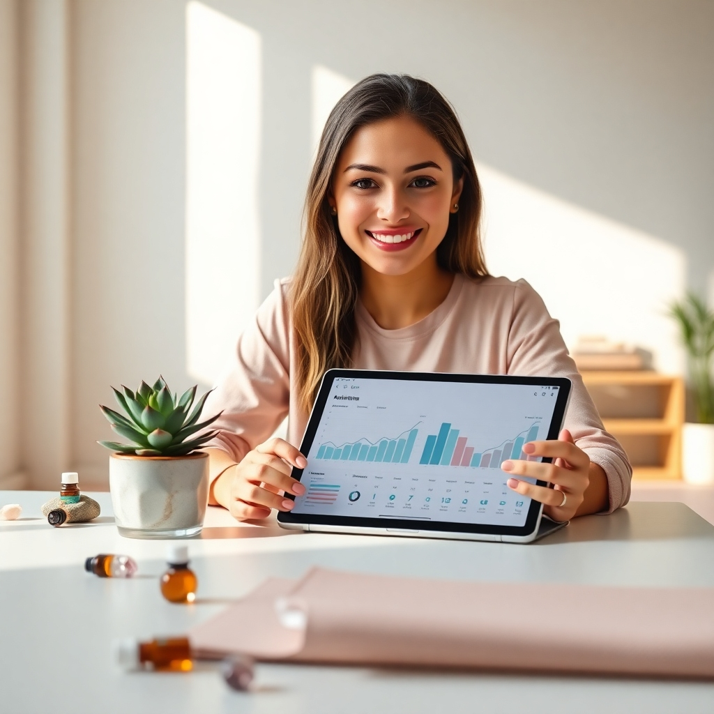 A photorealistic, ultra-high quality 8K image depicting a young, smiling wellness consultant sitting at a modern, minimalist desk in a bright, airy office. Soft diffused lighting illuminates the scene, casting a warm, inviting glow. The color palette is calming and natural, featuring pastel pinks, greens, and creams. The consultant is actively engaged with a tablet displaying a social media analytics dashboard.  A stylish succulent plant sits on the desk beside a scattered array of wellness-related props; crystals, essential oil bottles, and a yoga mat are partially visible. The camera angle is slightly high, creating a slightly downward perspective that emphasizes the consultant's welcoming demeanor and professional workspace. The background is subtly blurred to keep focus on the consultant and her tablet. The overall mood is serene and productive, reflecting the effectiveness and efficiency of the social media management service. The image style is inspired by the clean lines and natural lighting of Annie Leibovitz's portrait photography.  Textures and materials are highly detailed, showing the smooth surface of the tablet, the soft texture of the yoga mat, and the crystalline facets of the crystals.  The overall visual effect conveys trust, competence, and attention to detail.