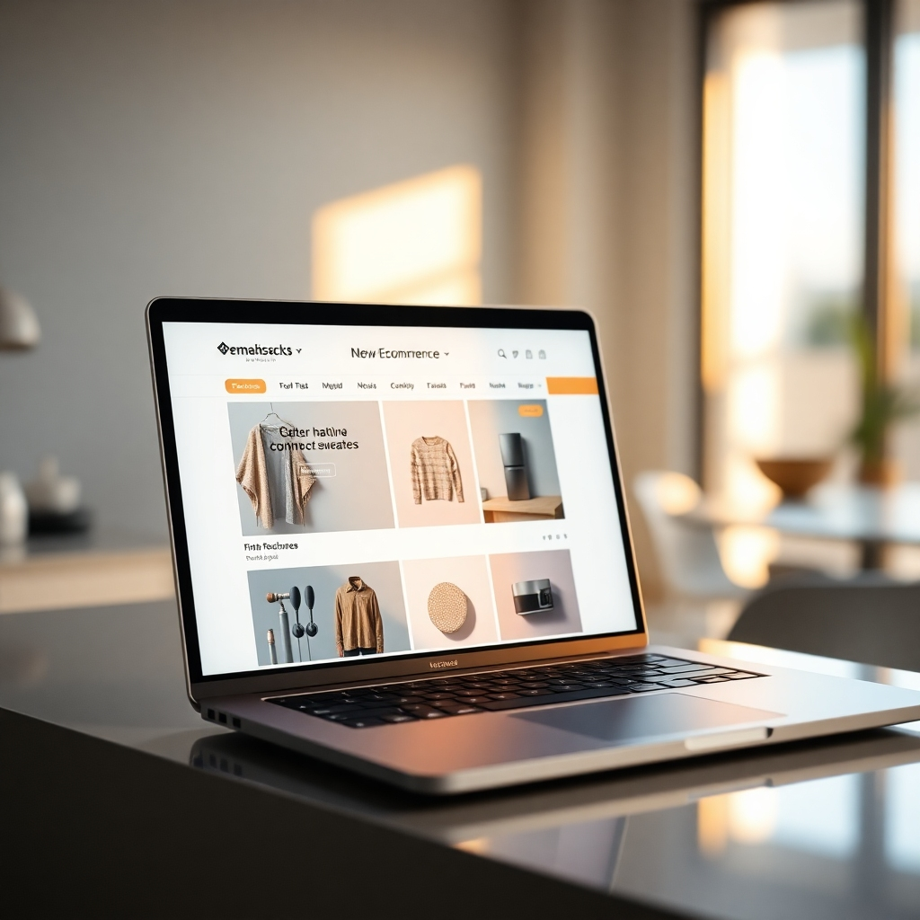 A photorealistic, ultra-high-quality 8K image depicting a modern e-commerce website on a sleek laptop screen. Soft, diffused lighting illuminates the scene, casting a warm glow. The color palette is sophisticated and calming, with muted blues and grays dominating.  The laptop is positioned at a slight angle, viewed from a high vantage point.  The website showcases high-quality product images with subtle texture and material detail – think soft cashmere sweaters, gleaming stainless steel appliances – arranged in an aesthetically pleasing grid layout. The background is a minimalistic, blurred image of a modern office space with natural light. The website's design is clean and intuitive, with clear calls-to-action.  The overall mood is professional, trustworthy, and user-friendly.  The style should be reminiscent of the work of Annie Leibovitz, emphasizing natural composition and lighting. Hyperrealistic rendering with ultra-detailed textures and reflections are crucial. Include subtle environmental reflections on the laptop screen.