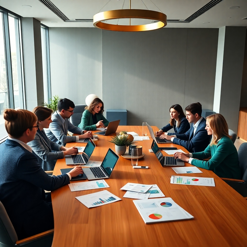 A photorealistic, ultra-high-quality 8K image depicting a team of marketing professionals collaborating around a large table. Soft, diffused lighting illuminates the scene, creating a warm and inviting atmosphere. The color palette is sophisticated, featuring muted blues, greens, and grays, with accents of gold.  The camera angle is slightly elevated, offering a comprehensive view of the team and the table strewn with laptops, tablets, marketing reports, and data visualizations.  The scene is detailed, showcasing the texture of the polished wood table, the soft fabric of the chairs, and the subtle sheen on the technological devices.  Environmental elements include a modern, minimalist office with large windows allowing natural light to filter through.  The image should evoke a feeling of focused collaboration and strategic planning. Style reference: Annie Leibovitz. Hyperrealistic rendering with meticulous attention to detail.  The background is subtly blurred to keep the focus on the team.