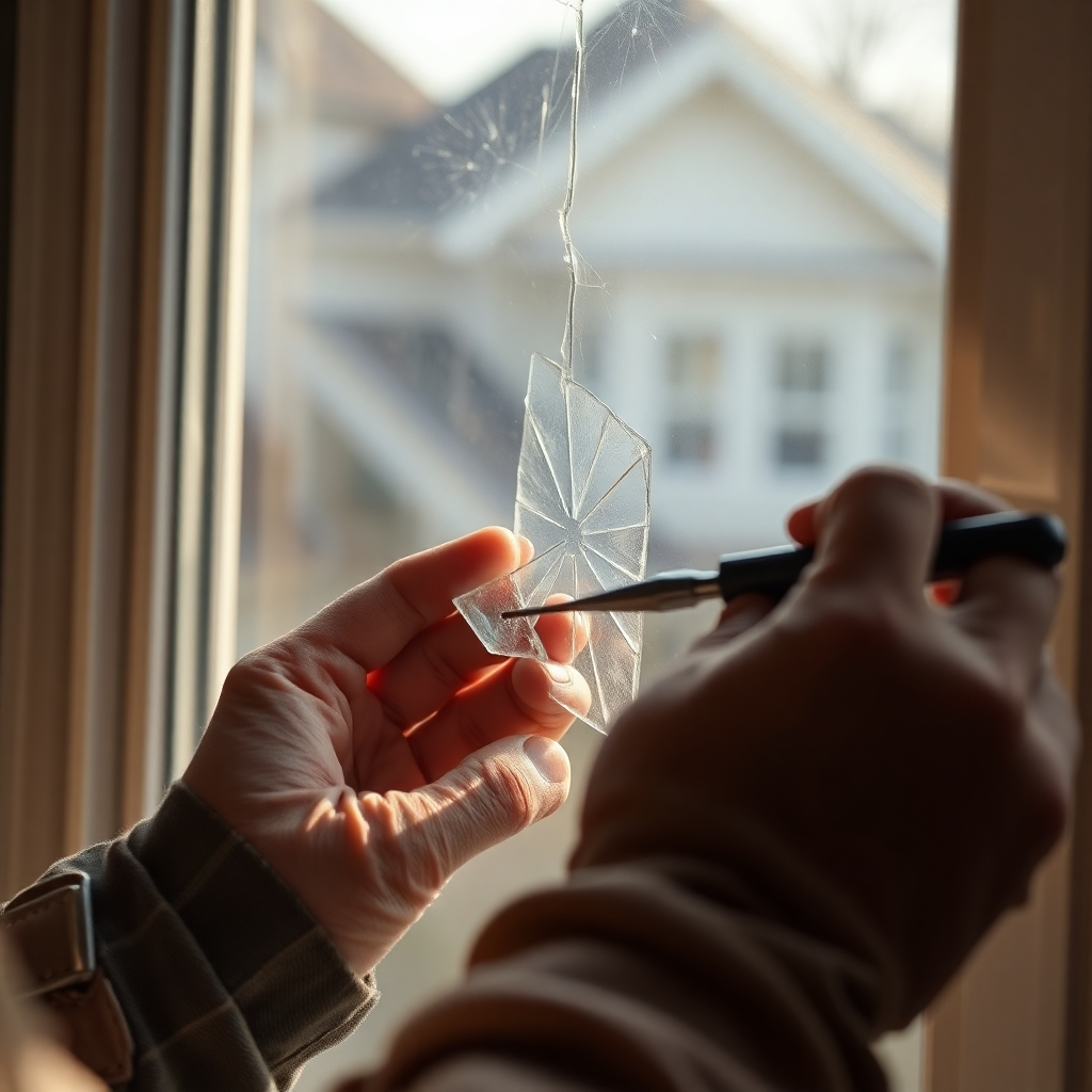 A photorealistic, ultra-high-resolution 8K image depicting a close-up of a skilled technician meticulously repairing a cracked windowpane. Soft, diffused natural light illuminates the scene, highlighting the intricate details of the repair process. The color palette is warm and inviting, with subtle highlights reflecting off the glass and tools. The technician's hands are shown with precision, using specialized tools to carefully replace the damaged section with a new piece of glass, showcasing the craftsmanship and expertise involved. The background is blurred, subtly showing a residential setting, suggesting a home window repair. The image should have a shallow depth of field, focusing on the repair process.  The style should evoke a sense of trust and reliability, similar to the work of a professional photographer specializing in home repair services.  The overall mood should be calm and reassuring. Texture details should include the smoothness of the new glass contrasted with the rough edges of the broken piece, and the metallic sheen of the tools. The camera angle is slightly elevated, providing a clear, unobstructed view of the repair process.