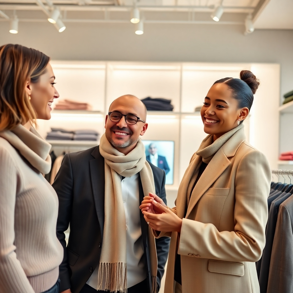 A photorealistic, ultra-high-resolution (8K) image depicting a friendly, professional stylist and a customer in a bright, modern online store. Soft diffused lighting illuminates the scene, creating a warm and inviting atmosphere.  The color palette is clean and sophisticated, with soft pastels and muted earth tones. The stylist is showing the customer a selection of clothing items, focusing on texture and detail - cashmere sweaters, silk scarves, and finely tailored suits. The customer looks happy and engaged.  The background features organized shelves of beautifully displayed merchandise. The camera angle is slightly elevated, offering a flattering perspective of both the stylist and the customer. The image is in the style of a high-end fashion magazine, capturing a sense of elegance and personalized service.  Focus sharply on the clothing textures and the interactions between the stylist and customer, emphasizing the quality and care provided. Include subtle environmental details, such as the soft glow of a monitor displaying the online store's interface in the background. The overall mood is one of positive, helpful interaction and high-end luxury.
