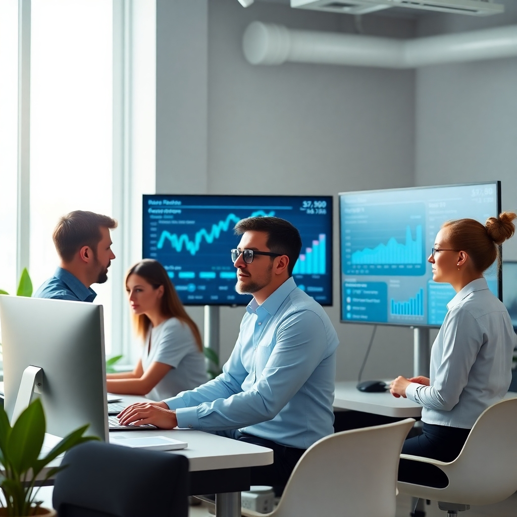 A photorealistic, ultra-high-resolution (8K) image depicting a team of web developers and digital marketers collaborating in a bright, modern office. Soft, natural light illuminates the scene, conveying a calm and productive atmosphere. The color palette is clean and professional, incorporating shades of teal, white, and light grey.  The image shows large monitors displaying various data graphs and analytics related to website traffic, SEO, and social media engagement.  The focus is on the collaborative effort between professionals, highlighting team dynamics and efficiency. The camera angle is slightly elevated, allowing a view of the team and their monitors.  Textures and materials are meticulously rendered, including the screens' reflections and the soft textures of clothing. The workspace includes design elements like plants, sleek furniture, and technological devices to create a modern, professional atmosphere. The style should be similar to the clean and modern style of contemporary commercial photography. The image conveys a mood of innovative solutions and customer-focused teamwork. The team's expressions convey a sense of professionalism and confidence. The image should be hyperrealistic and highly detailed, focusing on intricate details such as the reflections on the screens and the textures of the materials in the office.