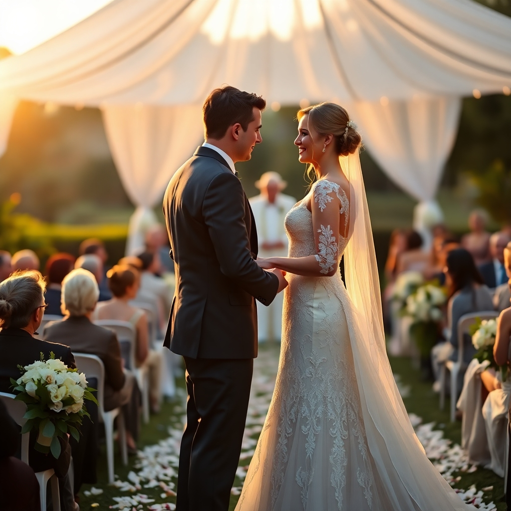 A photorealistic, ultra-high-resolution (8K) image depicting a wedding ceremony. The scene is set outdoors at sunset, with soft, golden light illuminating the bride and groom. The bride is wearing a flowing white gown with intricate lace details, and the groom is wearing a classic dark suit. The couple stands at the center of the frame, exchanging vows, their expressions filled with joy and love. The composition is slightly low-angle, creating a sense of grandeur.  In the background, guests are seated under a white marquee, creating a bokeh effect. Lush greenery and flowers are subtly visible. The color palette is warm and romantic, emphasizing the golden hour lighting. The image style should evoke the timeless elegance of classic wedding photography, similar to the style of Annie Leibovitz, with a focus on natural posing and genuine emotion.  The image should have a shallow depth of field, drawing the viewer's attention to the central couple.  Textures of the wedding dress, the groom's suit, the flower petals, and the lush greenery should be highly detailed and realistic.  The overall mood should be one of joy, intimacy, and celebration.