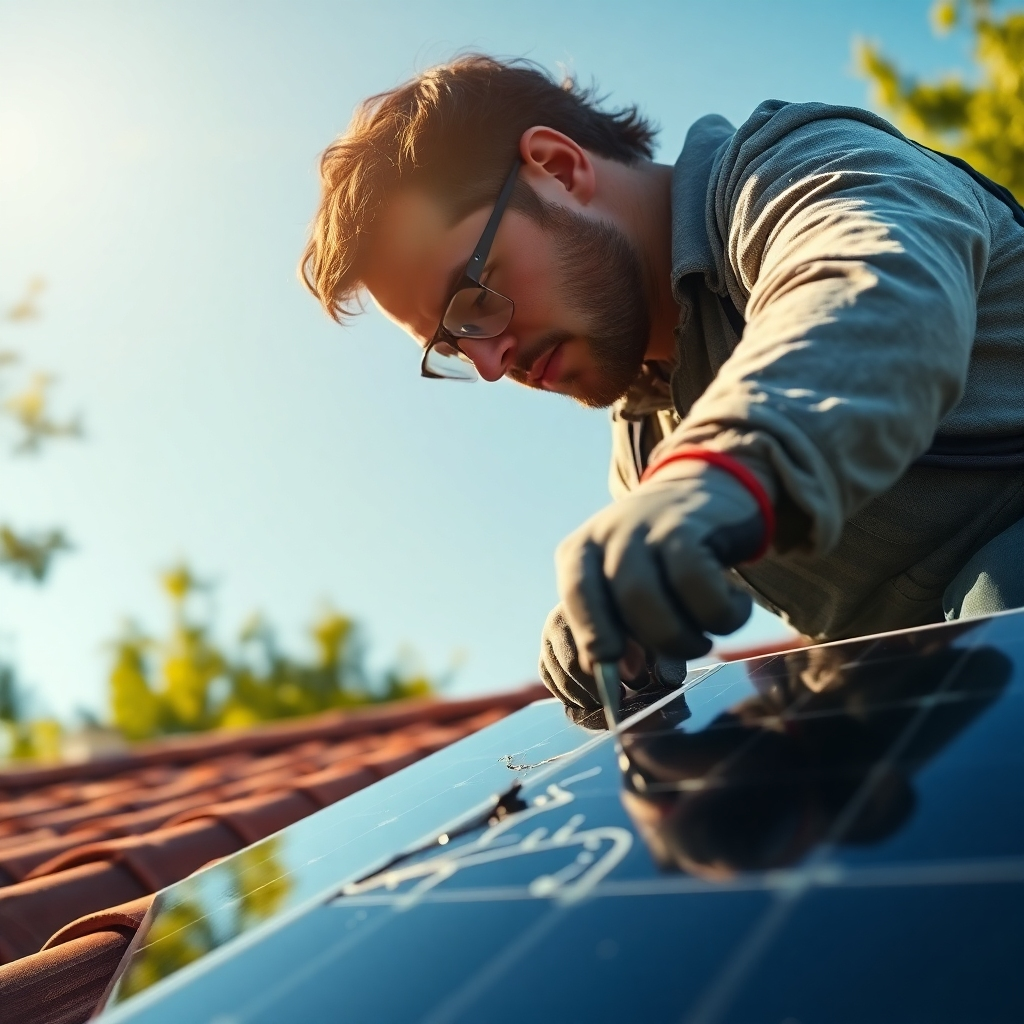 A photorealistic, ultra-high-resolution (8K) image depicting a skilled technician meticulously repairing a cracked solar panel on a residential roof.  The scene is bathed in soft, diffused sunlight. The color palette is warm and inviting, emphasizing the natural tones of the solar panel and the surrounding roof tiles. The camera angle is a slightly high-angle, close-up shot, focusing on the technician's hands and tools.  The technician is wearing safety glasses and gloves, and the tools are highly detailed and realistic.  The texture of the solar panel, showing the damage and the repair process, is clearly visible. The background features a clear blue sky and lush green trees. The overall mood is one of competence and reassurance. The style should emulate the work of National Geographic photographers, focusing on detail and realism.  The image should be hyperrealistic, emphasizing textures, and reflections.  The image should include the subtle dust particles floating in the air, and tiny reflections of light on the tools.
