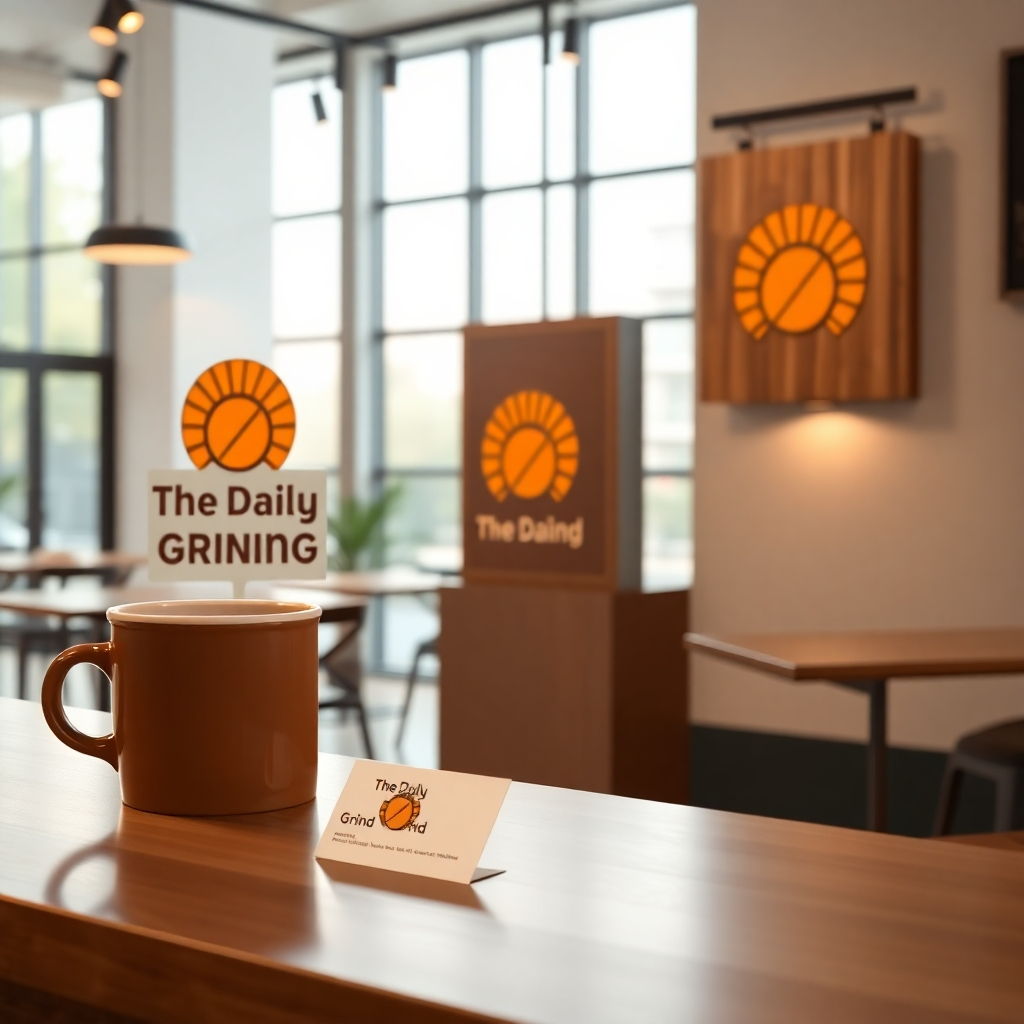 A photorealistic, ultra-high-resolution (8K) image of a newly designed logo for a fictional coffee company, 'The Daily Grind'. The logo is a stylized coffee bean with a sun rising behind it, rendered in a clean, minimalist style. The logo is displayed on various applications: a coffee cup, a business card, a storefront sign, and a website banner. The color palette consists of rich browns, warm golds, and creamy off-whites. The lighting is soft and diffused, creating a warm and inviting atmosphere. The camera angle is a slightly elevated perspective, offering a comprehensive view of the logo and its applications.  The textures are smooth and glossy for the cup, slightly rough for the wood of the storefront sign, and smooth matte for the business card. The background is a modern, minimalist coffee shop interior with soft, natural light streaming through large windows. The overall mood is sophisticated, friendly, and inviting, evoking the feeling of a high-quality coffee experience. The style is inspired by the works of renowned branding agencies like Sagmeister & Walsh and Pentagram.  The image should be hyperrealistic, with attention to detail in the textures and reflections.