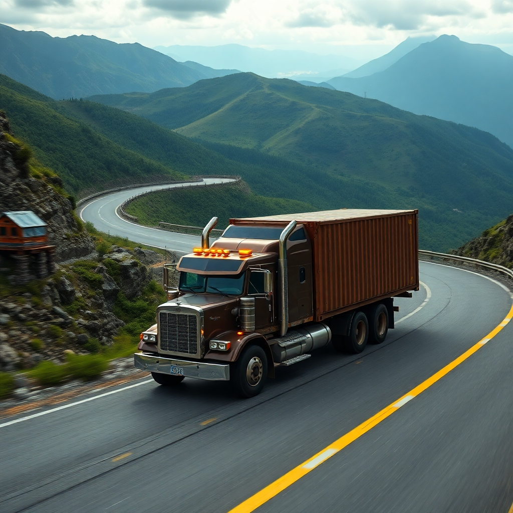 A powerful, rugged truck navigating a challenging, winding mountain road; the truck is carrying a large cargo container, and the background features a dramatic, scenic landscape with lush greenery and distant mountains.  The lighting should highlight the truck's power and the beauty of the natural environment.  Photorealistic, high resolution.