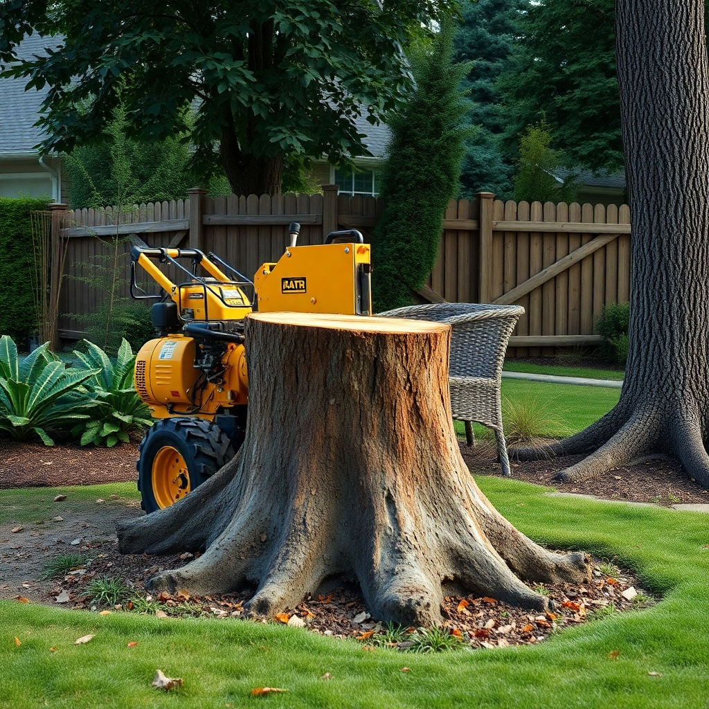 A powerful stump grinder efficiently removing a large tree stump from a well-maintained garden.  The image should focus on the machine's power and the clean result.  The surrounding area should be neat and tidy, showing a post-removal scenario. Photorealistic style, bright lighting