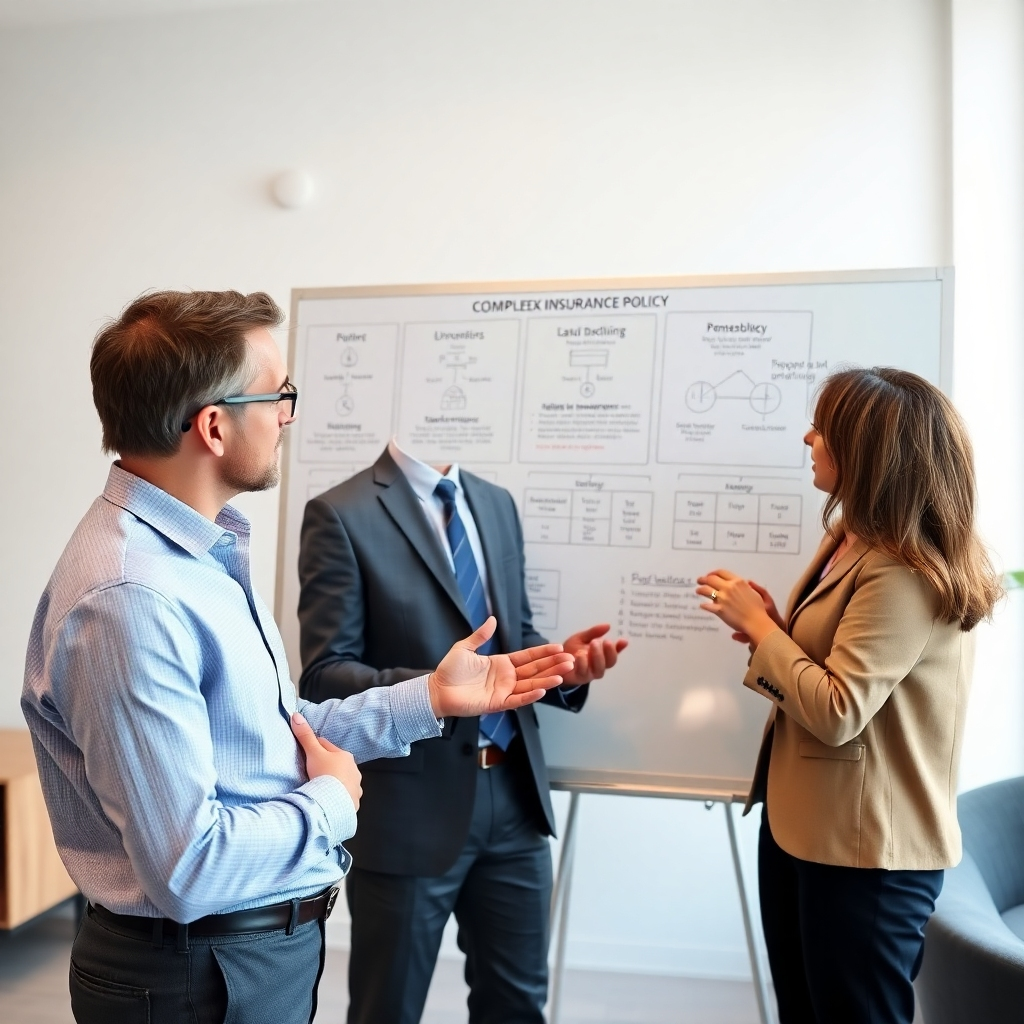 A professional insurance broker explaining a complex insurance policy to a client using clear visuals and diagrams on a whiteboard.  The image should focus on the clarity of the explanation and the broker's supportive demeanor.  A bright, modern office setting is preferred.  Photorealistic style, high resolution.