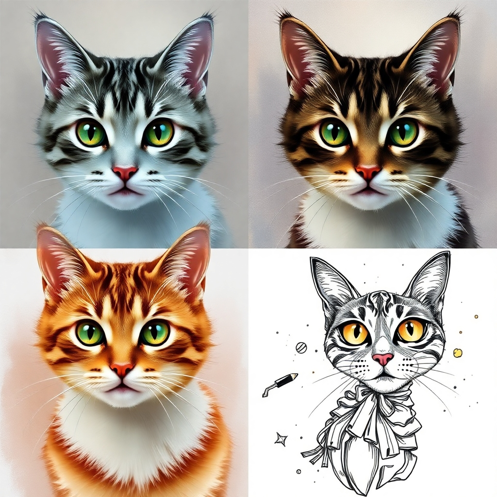 A side-by-side comparison showcasing the same subject—a whimsical portrait of a cat—rendered in four different artistic styles: photorealistic digital painting, loose watercolor painting, detailed ink drawing, and a vibrant graphic novel style; each style should be clearly identifiable, demonstrating diverse media and approaches; high resolution and rich color palettes.