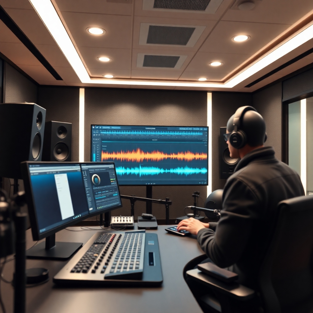 A sleek, modern recording studio with a sound engineer using advanced audio editing software.  The focus is on a waveform display showing audio tracks being meticulously balanced and enhanced.  The overall ambiance is calm, focused and professional, conveying a high level of audio expertise.