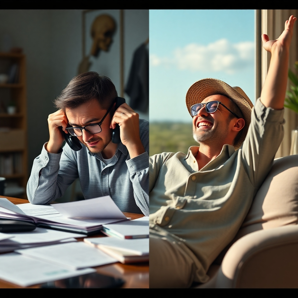 A split image: one side shows a stressed person surrounded by paperwork and a phone, representing the struggles of finding a mortgage alone; the other side shows a relaxed person enjoying free time, representing the ease of using a broker.  Both halves should be photorealistic, the contrast visually emphasizing the time and stress saved using a broker.