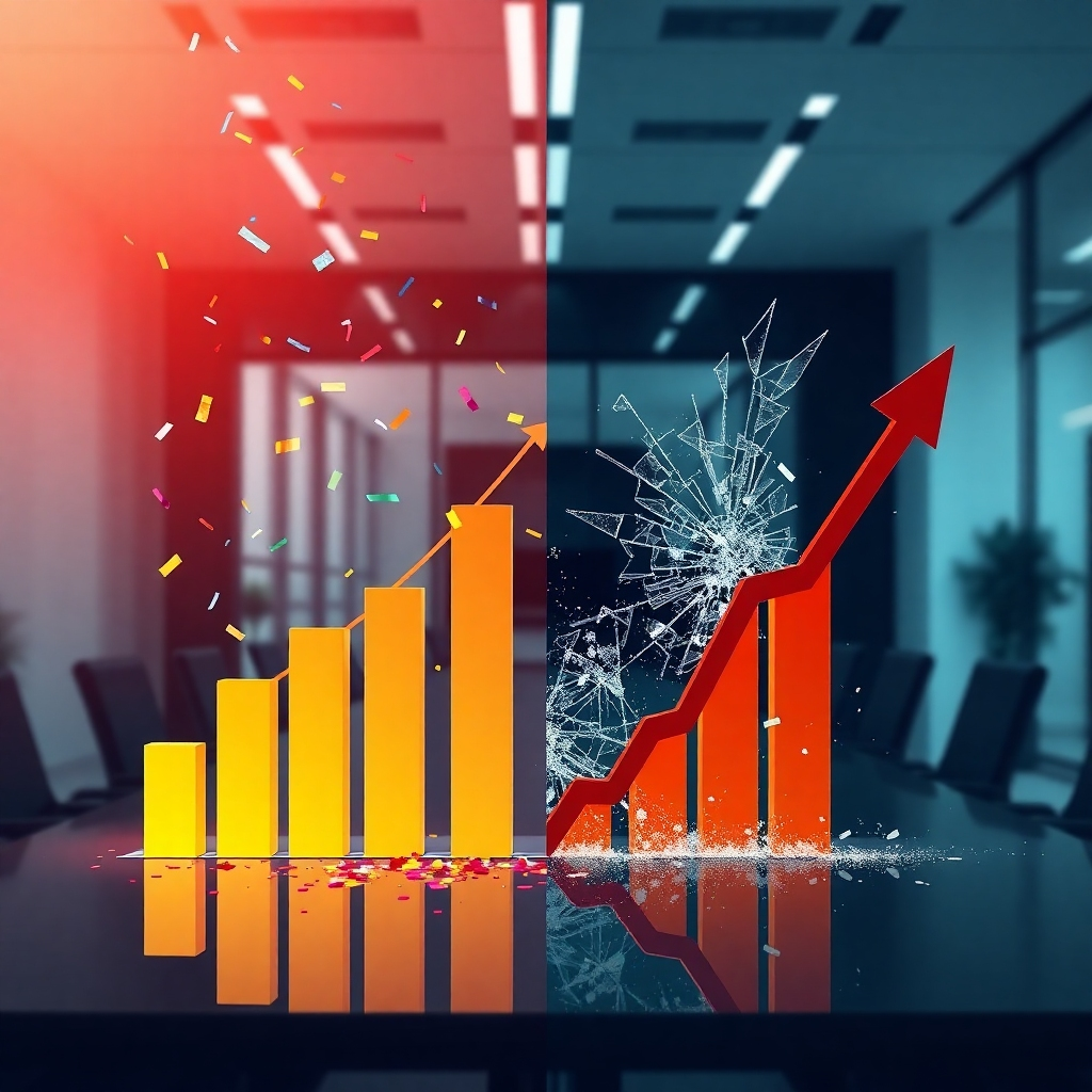 A split image: one side shows a graph soaring upwards representing high ROI, with vibrant colors and celebratory confetti; the other shows a downward-trending graph with dark, ominous colors and a shattered glass graphic, illustrating high risk. The background should be a sleek, modern office environment.