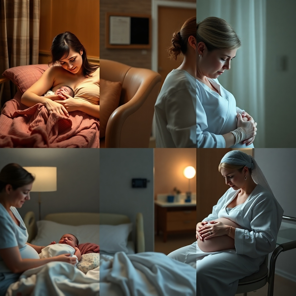 A split image showcasing three different birthing scenarios: a home birth with a midwife assisting, a hospital birth with a midwife present, and a birth center setting with a midwife providing care; each scene should show a sense of calm and safety.