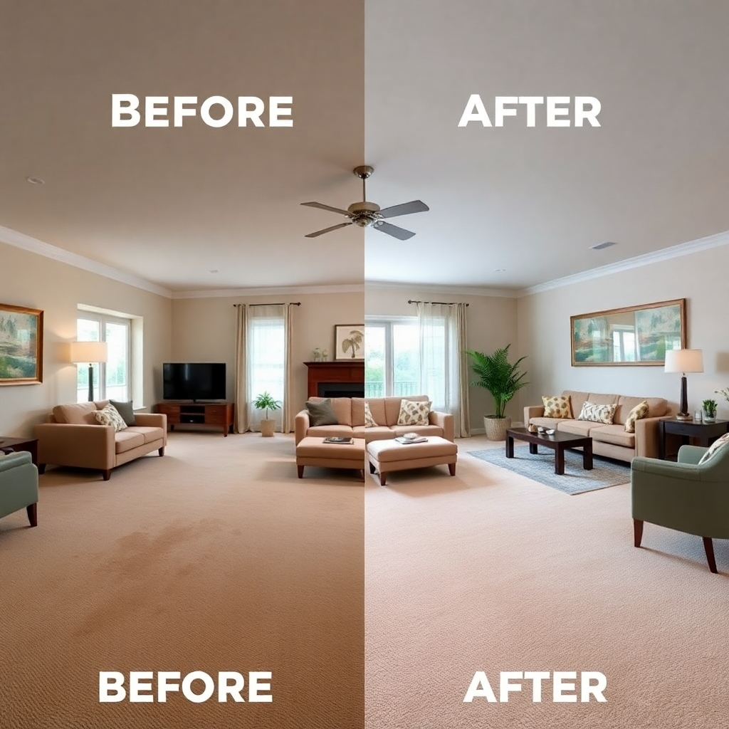 A split image showing a before-and-after of a living room. The 'before' side displays a stained, dull carpet, while the 'after' side showcases the same room with a professionally cleaned, vibrant carpet that complements the room's furniture and décor. The lighting should be consistent in both images to highlight the transformation.