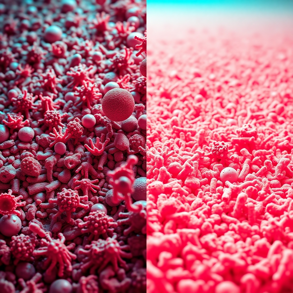 A split image showing one side with a dirty carpet teeming with various bacteria and germs (illustrated microscopically), while the other shows the same carpet after deep cleaning, visibly clear of any germs. Use vibrant, contrasting colors to highlight the difference. The image should be scientifically accurate but visually compelling, clearly illustrating the germ-killing power of deep cleaning.