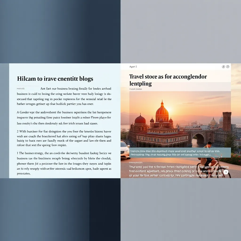 A split screen image. On the left side, a blog post with a formal, professional tone about business strategy. On the right side, a blog post with a casual, lighthearted tone about travel experiences. Both posts are visually appealing with relevant images and graphics.