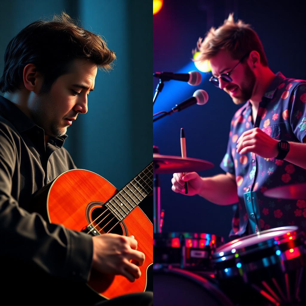A split-screen image. One side shows a focused, detail-oriented person carefully playing a classical guitar. The other side shows a more expressive person playing an upbeat drum solo, surrounded by vibrant colors and energetic lighting. Both scenes are photorealistic and highly detailed, emphasizing the contrast in personalities and musical styles.