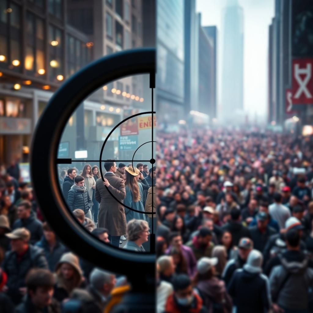 A split-screen image. One side shows a precise sniper scope zoomed onto a specific target group represented by diverse individuals, symbolizing a targeted campaign. The other half shows a wide shot of a vast crowd, representing the broader reach of less-focused advertising.