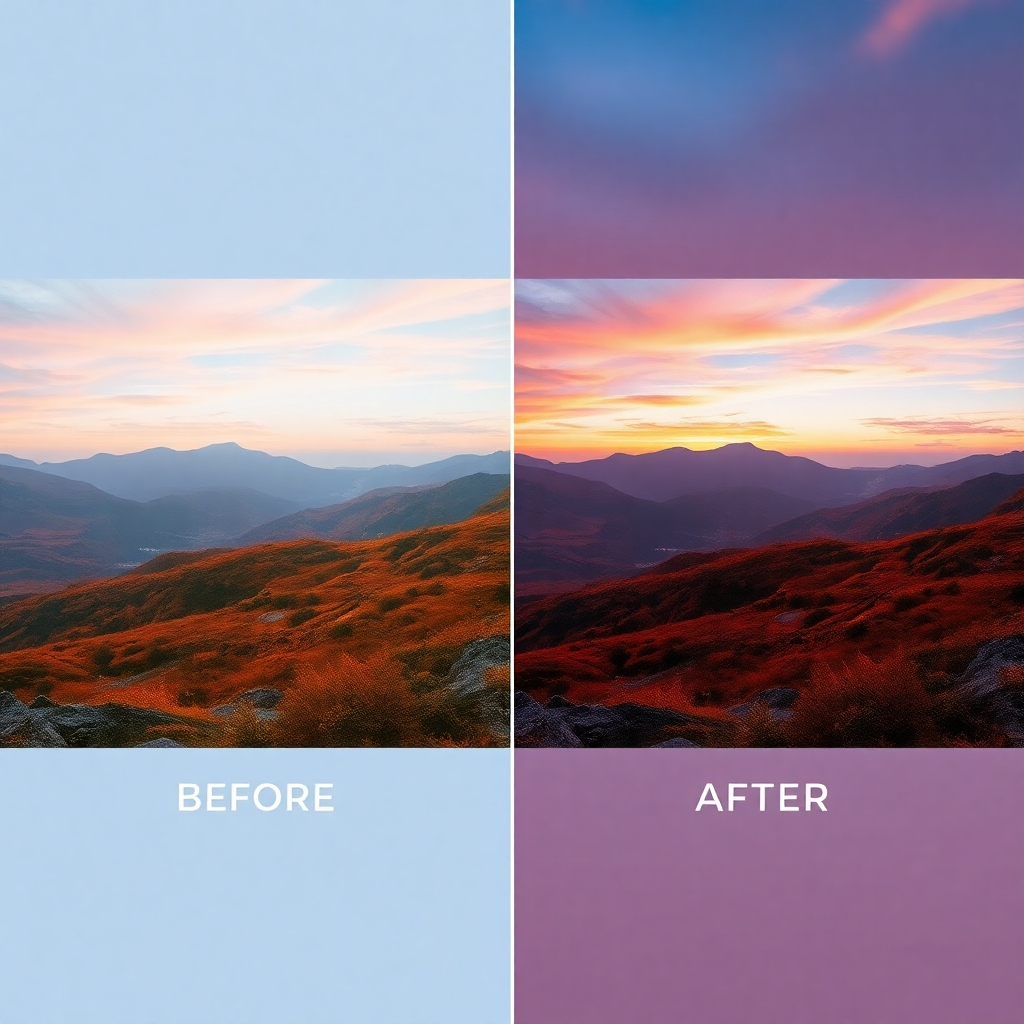 A split-screen image showing a before-and-after comparison of a landscape photograph.  The 'before' image is slightly underexposed and lacking contrast. The 'after' image shows vibrant, enhanced colors, increased contrast, and more detail in the shadows and highlights.  The overall style should be photorealistic, demonstrating the subtle power of post-processing. High resolution, 8k.