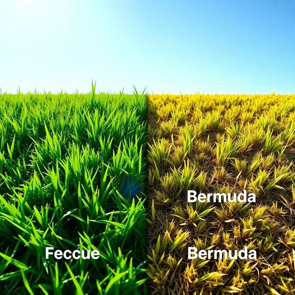 A split-screen image showing two different lawns; one lush and green with a clearly labeled 'Fescue' and the other patchy and brown labeled 'Bermuda'.  High-resolution, bright sunlight, detailed grass blades, photorealistic style.