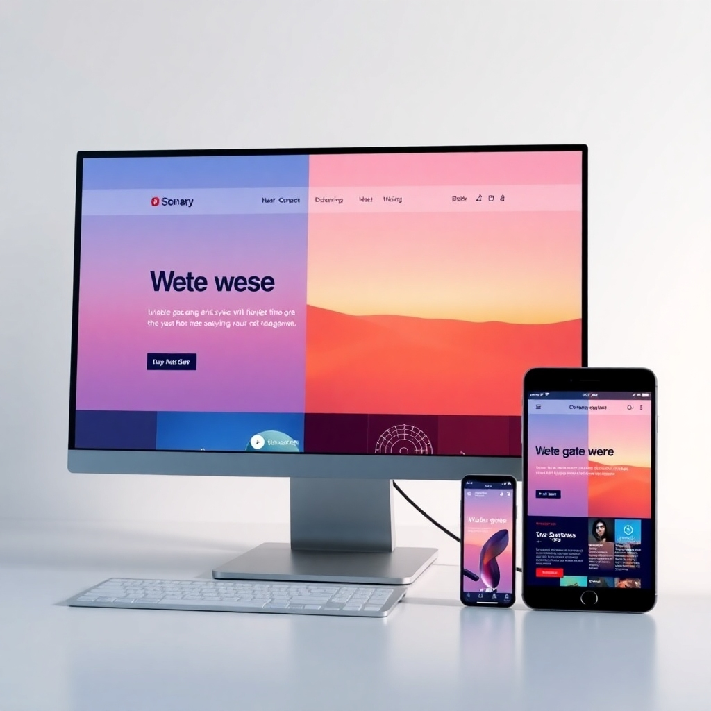 A split-screen photorealistic image showing the same website displayed perfectly on a desktop computer, a tablet, and a smartphone.  Each screen should show the website adapting seamlessly to the screen size without loss of functionality or visual appeal. The image should highlight the website's responsiveness and adaptability.