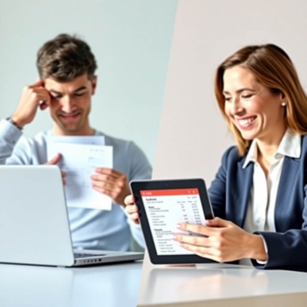 A split screen showing one side with a person frustrated looking at a single insurance quote on a laptop, and the other side showing a broker smiling and presenting multiple insurance quotes on a tablet with a happy client.  Bright, clean background, emphasizing the ease and benefit of comparing choices. Photorealistic style, high resolution.