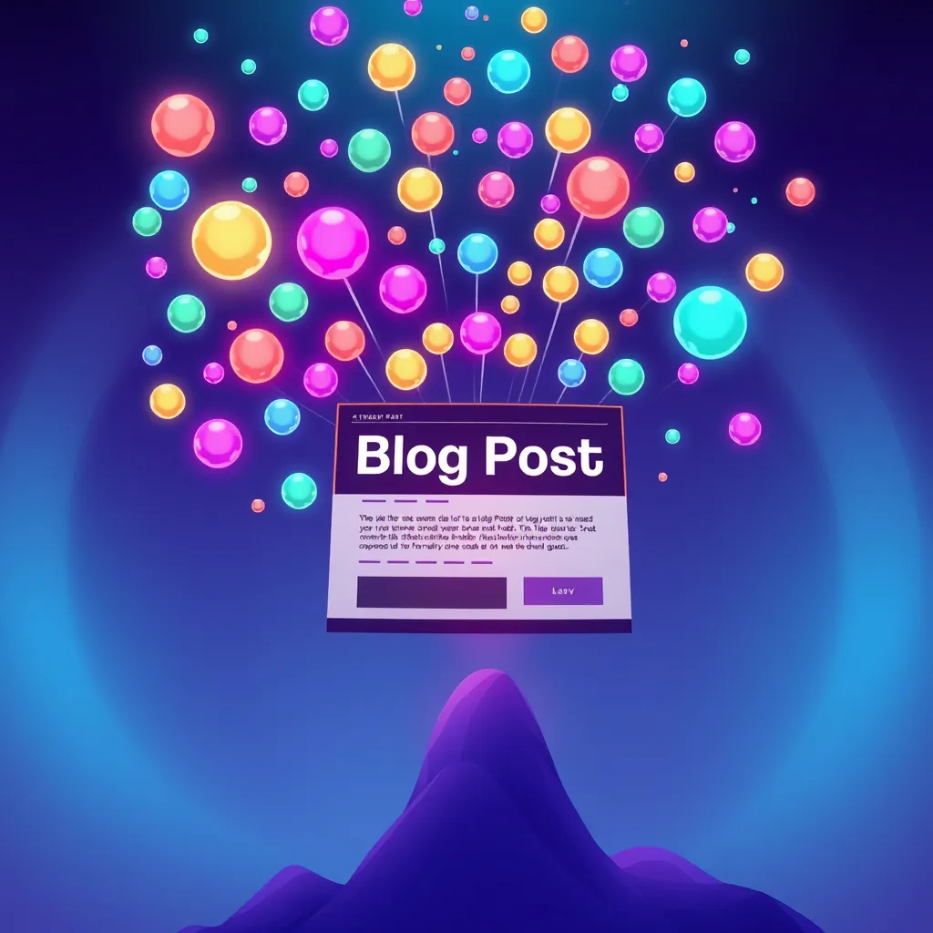A stylized illustration of a blog post being lifted upwards by a multitude of keywords, each represented as glowing orbs in different colors. The background should be a gradient of blue and purple, symbolizing the vastness of the internet. The blog post should be prominently displayed, showcasing a captivating headline and engaging visuals. The composition should convey the power of keywords to propel a blog to the top of search results. The overall mood should be one of excitement and optimistic growth. The image should be created in a vibrant, semi-realistic style, 4K resolution, and with a wide-angle perspective.