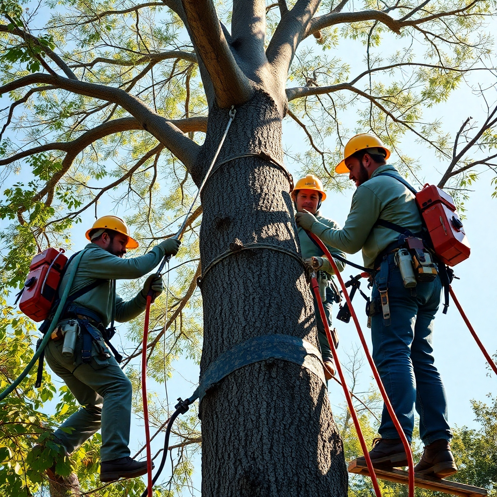 A team of experienced arborists carefully pruning the branches of a large tree using professional equipment.  The image should emphasize precision and safety, showcasing the before and after effect with a visible improvement. Photorealistic style, sunny day.