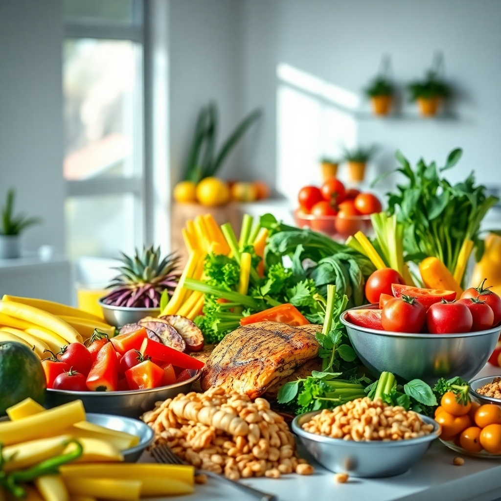 A vibrant, colorful spread of healthy, fresh food;  colorful fruits and vegetables, lean protein sources like grilled chicken and fish, whole grains, and nuts.  A clean, bright setting with natural light.  Photorealistic and highly detailed