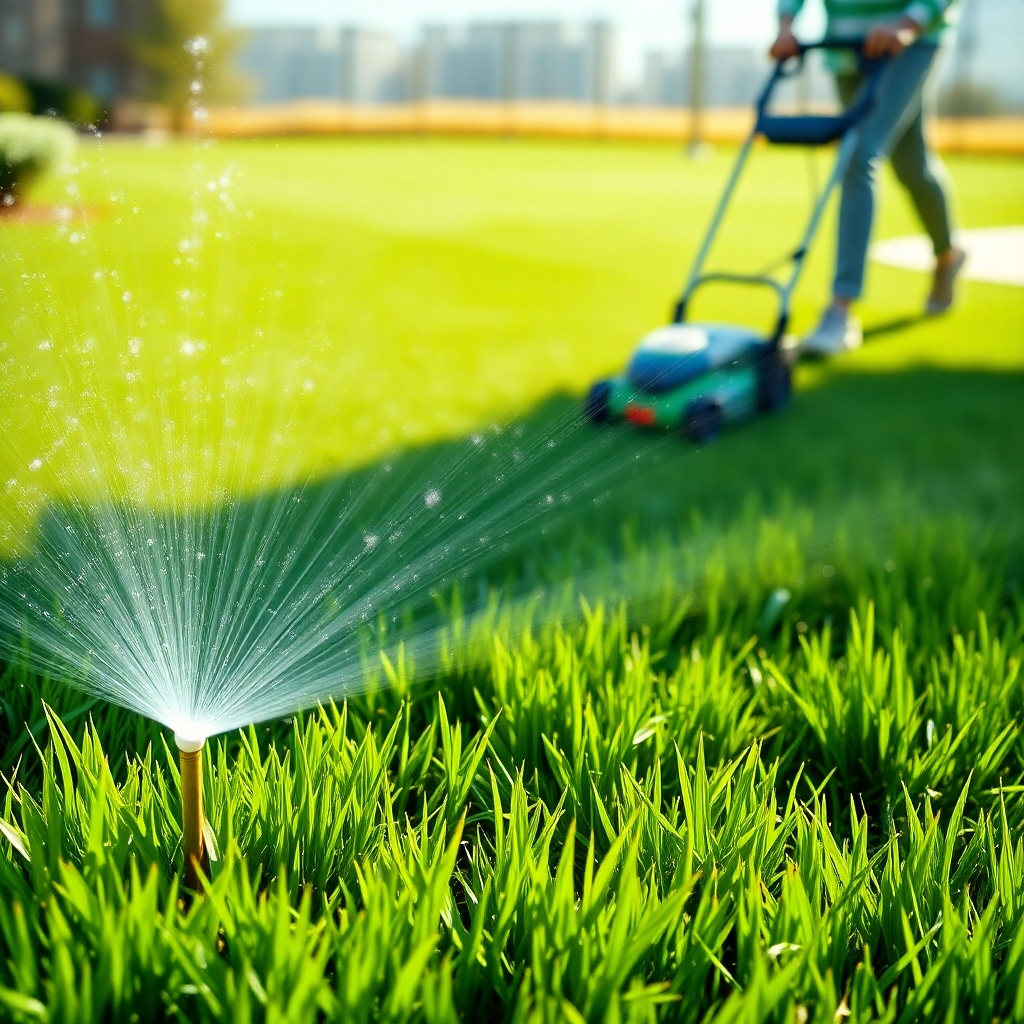 A vibrant, green lawn with a sprinkler system gently watering the grass. A person is mowing the lawn in the background with a modern electric lawnmower. The scene is bright, sunny, and photorealistic with a focus on healthy grass and efficient lawn care practices.