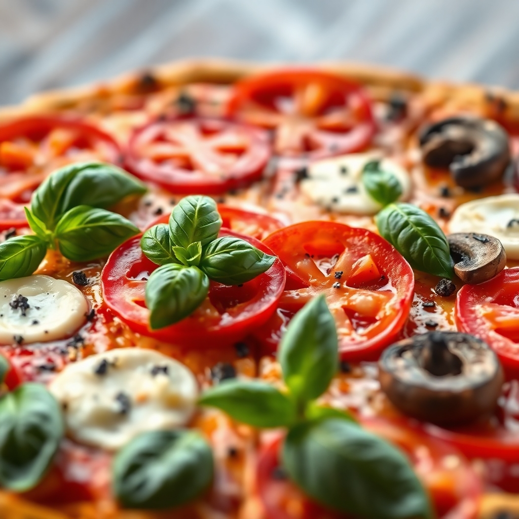 A vibrant, high-resolution image of various pizza toppings arranged artfully.  Include fresh basil leaves, slices of pepperoni, juicy tomatoes, mushrooms, and mozzarella cheese.  The background should be subtly blurred, focusing attention on the freshness and quality of the ingredients.  Style: Photorealistic
