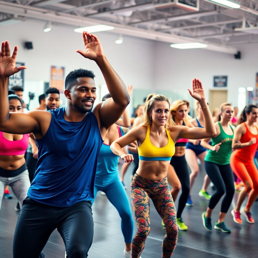 A vibrant, hyperrealistic image (ultra-detailed, 8K resolution) of a diverse group fitness class in action. The class is energetic, engaged in a high-intensity interval training (HIIT) session, with a variety of exercises shown. The lighting is bright and energetic, with a slightly dramatic side lighting to emphasize muscle definition and exertion.  The color palette is bold and saturated, full of vibrant athletic wear and energetic movement. The camera angle is dynamic, perhaps a wide shot capturing the entirety of the group's energy. Textures should be extremely realistic, from the sweat on participants' brows to the texture of the gym floor. The background is a spacious, modern fitness studio. The scene should be in the style of a dynamic action shot from a fitness magazine, with a sense of powerful movement and community. The mood is high-energy, motivating, and positive. Environmental details like motivational posters and mirrors are included.