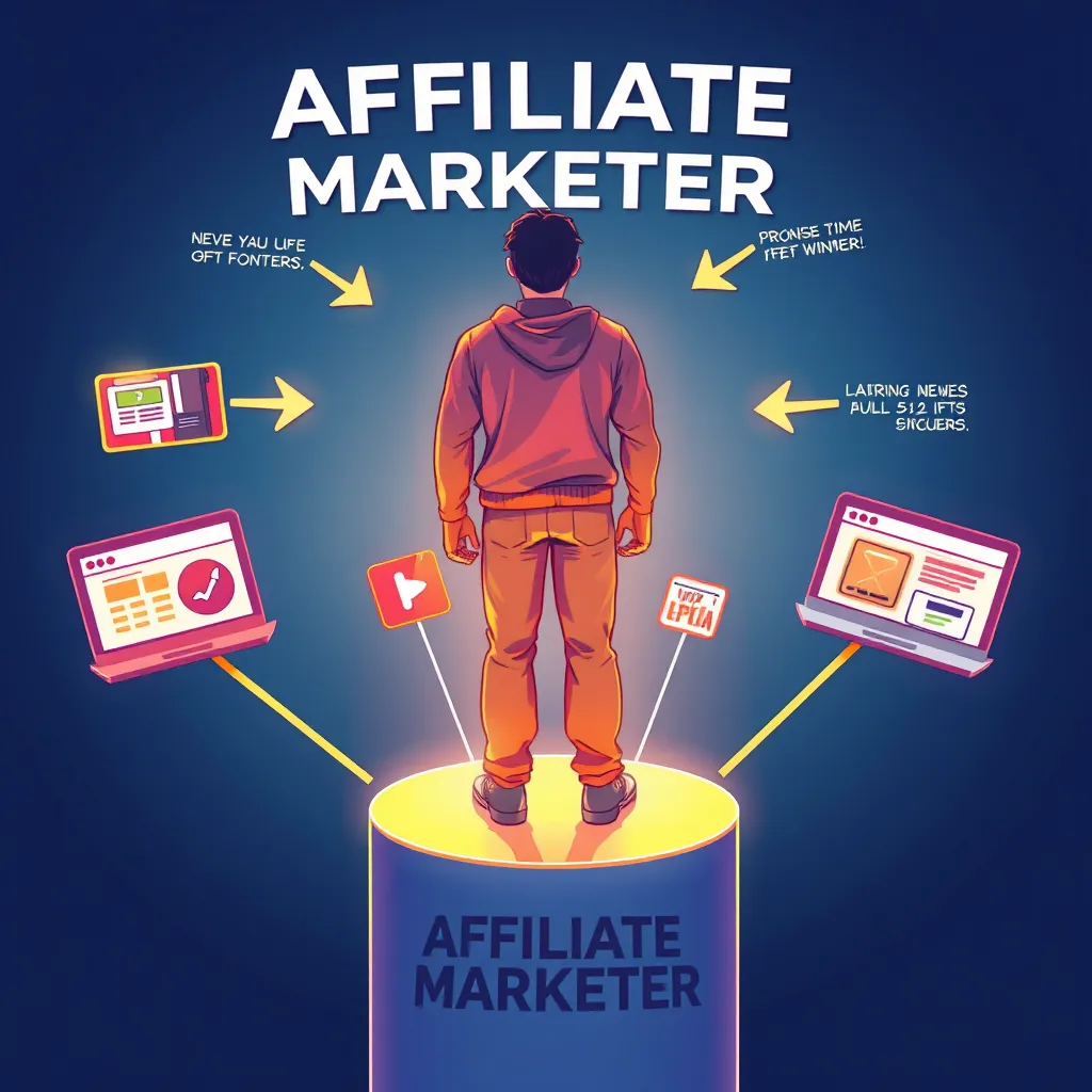 A vibrant illustration of a person standing on a platform, labeled "Affiliate Marketer," with arrows pointing to different websites and products, showcasing the concept of promoting and earning commissions through affiliate links.