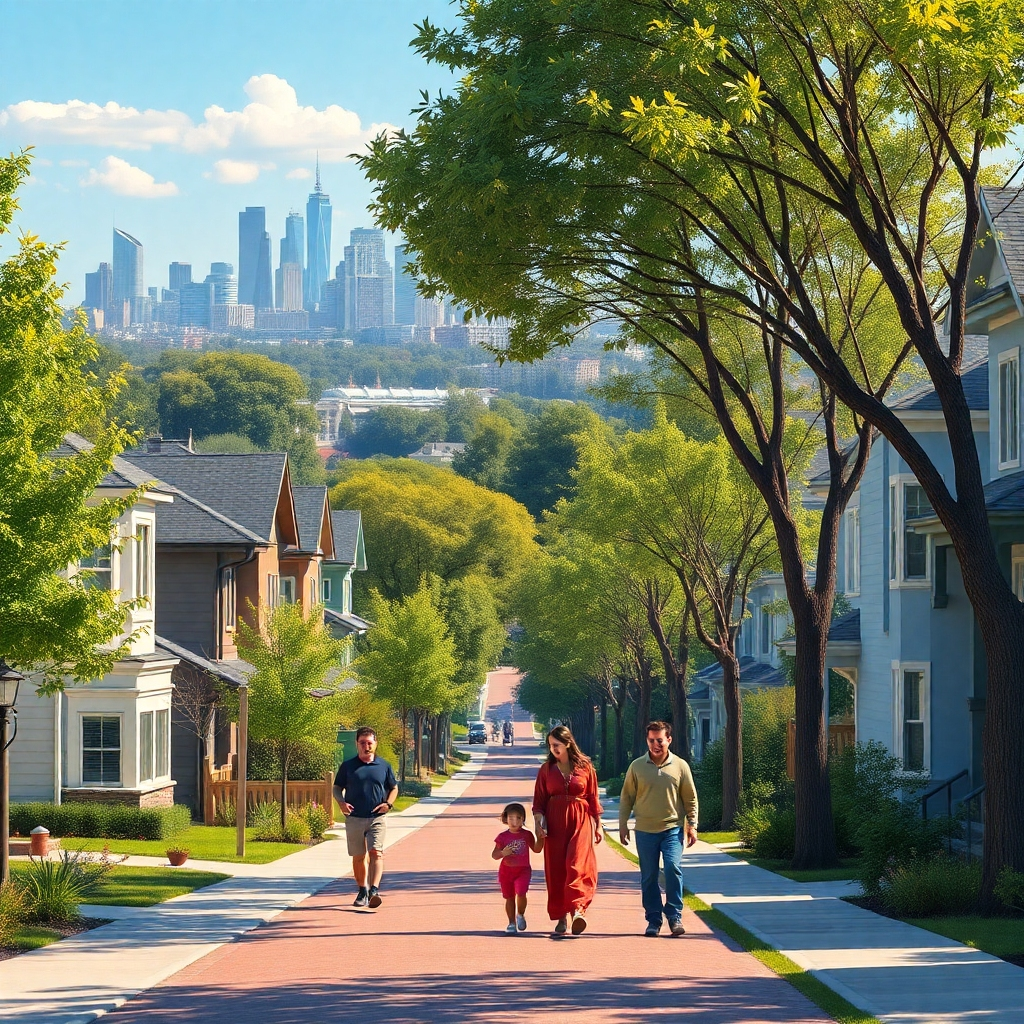 A vibrant, photorealistic image of a desirable neighborhood; tree-lined streets, modern homes, and families strolling. In the background, a cityscape with prominent landmarks suggests proximity to urban conveniences.  The image should exude a sense of community and desirable living.
