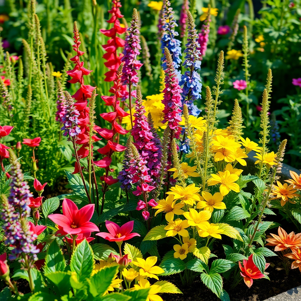 A vibrant, photorealistic image showcasing a diverse array of plants thriving in a garden. The image should include plants with varying heights, colors (e.g., vibrant reds, calming blues, and sunny yellows), and textures (e.g., soft petals, rough bark). The background should be a well-maintained garden bed, highlighting the successful plant selection.