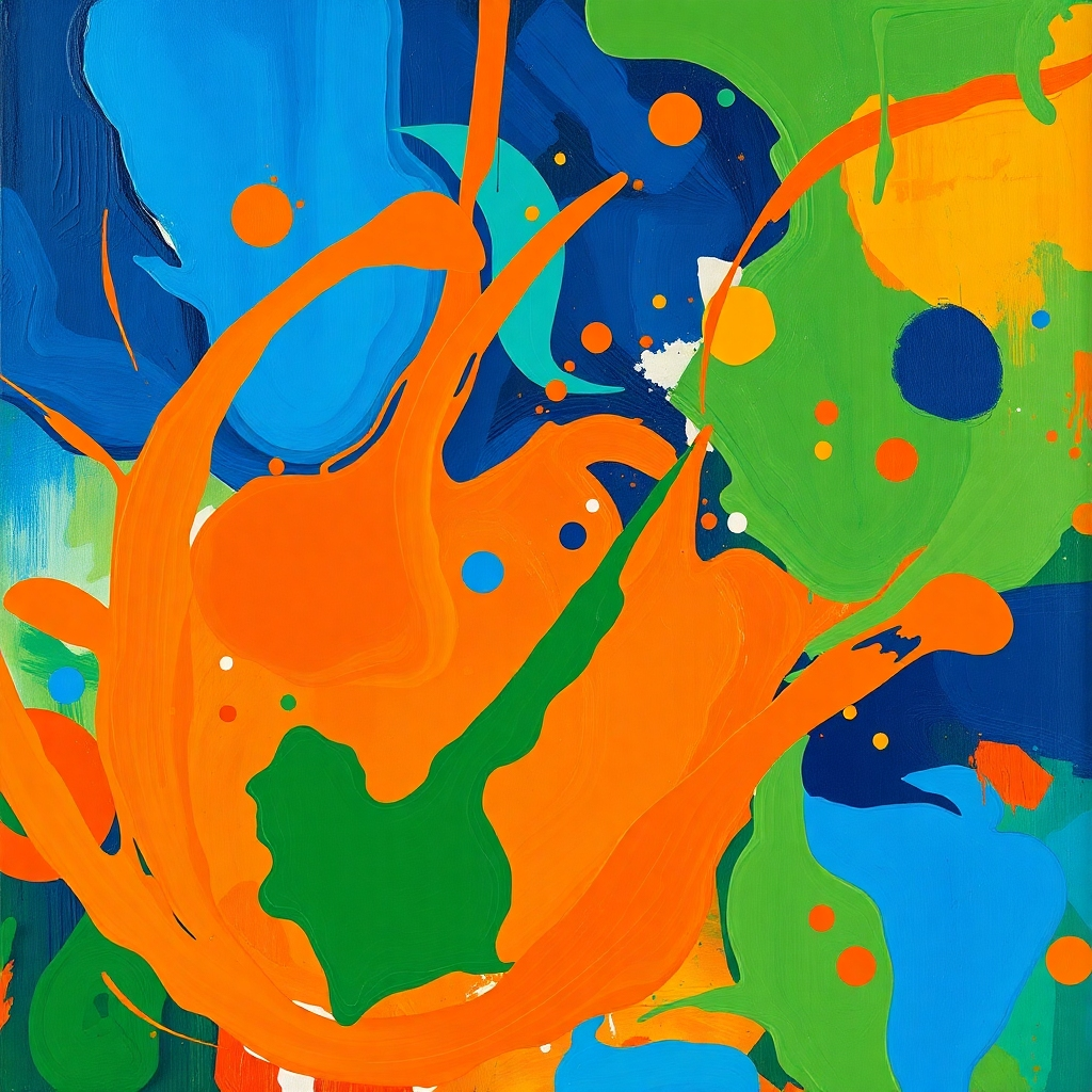 A vibrant, ultra-high-definition abstract painting featuring a dynamic interplay of bold colors and organic shapes.  The dominant colors are deep blues, fiery oranges, and calming greens, creating a sense of energy and movement. The composition is asymmetrical, with shapes flowing and overlapping in a visually stimulating way. The painting is rendered in a style reminiscent of Jackson Pollock, with a focus on spontaneous brushstrokes and expressive gestures. The textures are varied, with areas of thick impasto and others of thin, transparent washes. The lighting is implied rather than directly depicted, emphasizing the interplay of light and shadow within the colors themselves. The overall mood is energetic and optimistic, creating a feeling of excitement and vitality. The image is rendered in 8K resolution, to highlight the intricate details and textures of the paint.