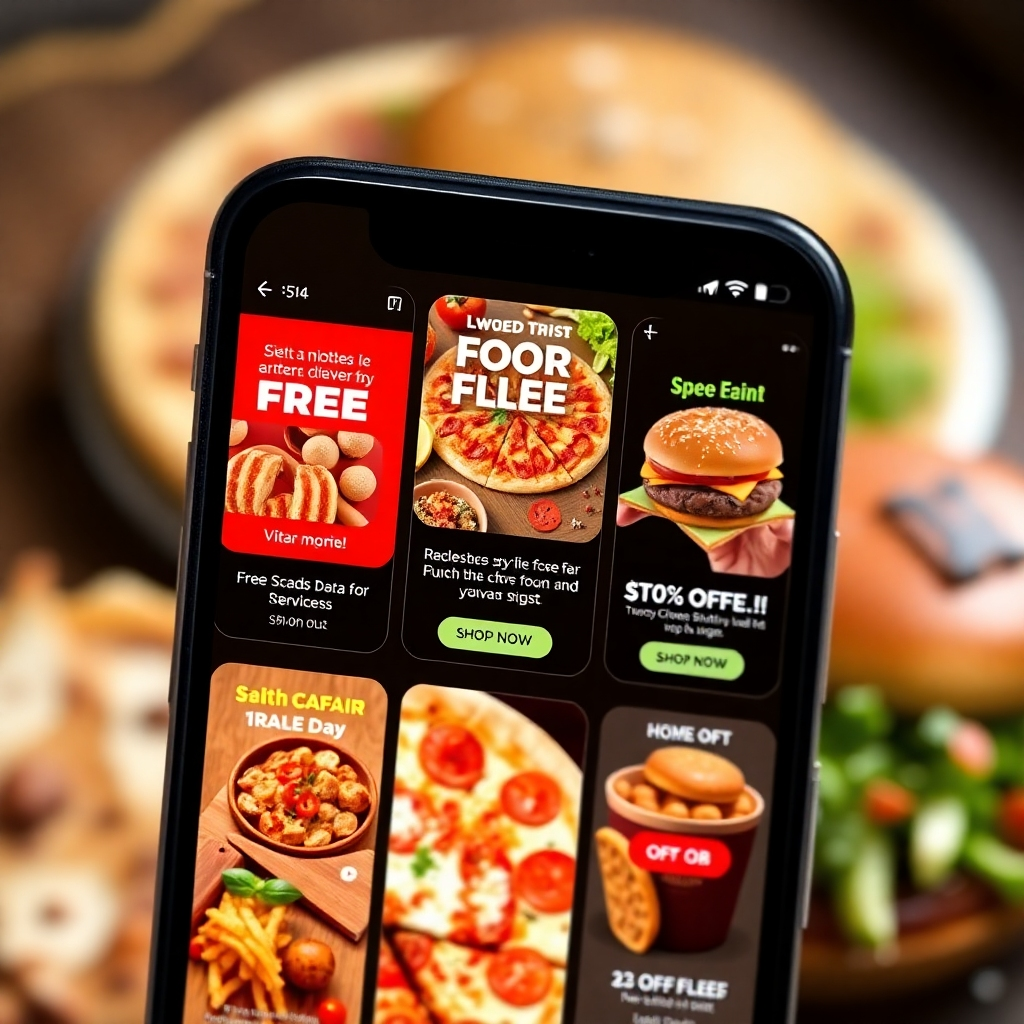 A visually appealing composition showcasing various promotional banners and offers from different food delivery apps on a smartphone screen.  The background should subtly feature delicious food items like pizza, burgers, and salads to highlight the deals. Use a photorealistic style with sharp, clear visuals and bright, inviting colors to capture attention and highlight the app's deals.