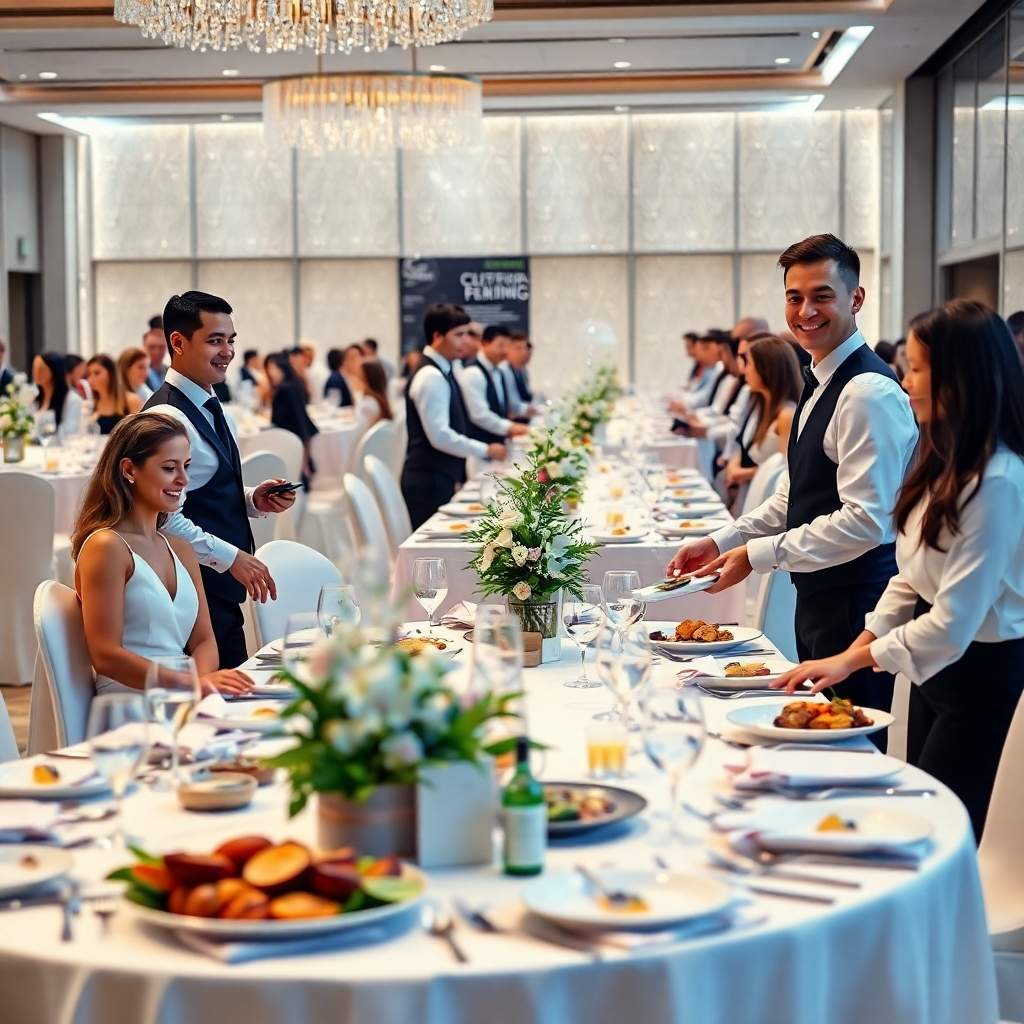 A wide shot depicting a flawlessly executed corporate event. Tables are elegantly set with white linens, centerpieces, and delicious food.  Smiling waiters are professionally serving guests. The background shows a modern, stylish venue.  The image should convey a sense of sophistication, order, and smooth operation. Style: Photorealistic, high-resolution image