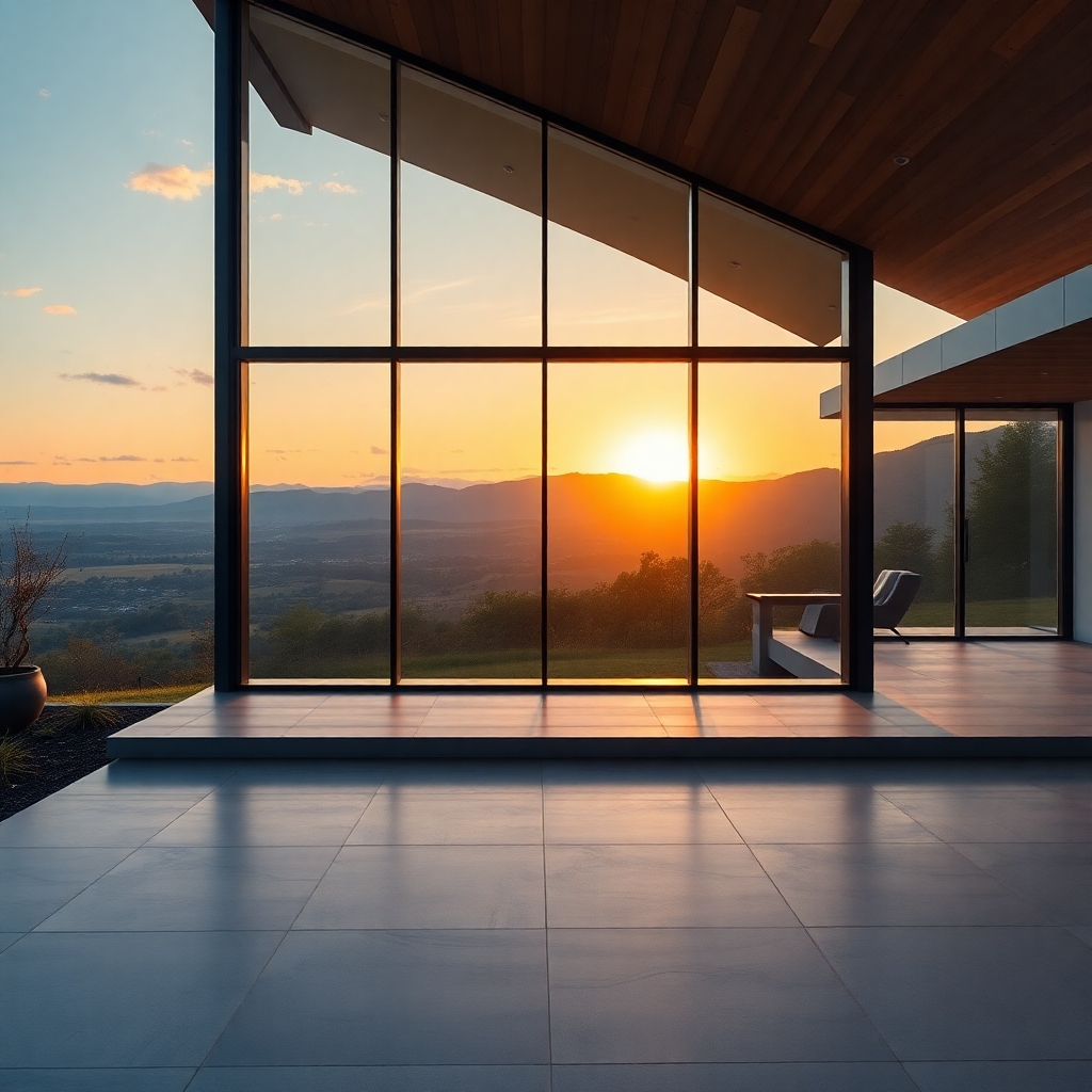 A wide shot depicting a modern home's exterior with a newly installed large window showcasing a stunning landscape view. The sun should be setting, casting a warm golden light on the scene. High-resolution, photorealistic image emphasizing the clarity and seamless installation of the glass window. The overall aesthetic should be sophisticated and showcase the quality of the installation.