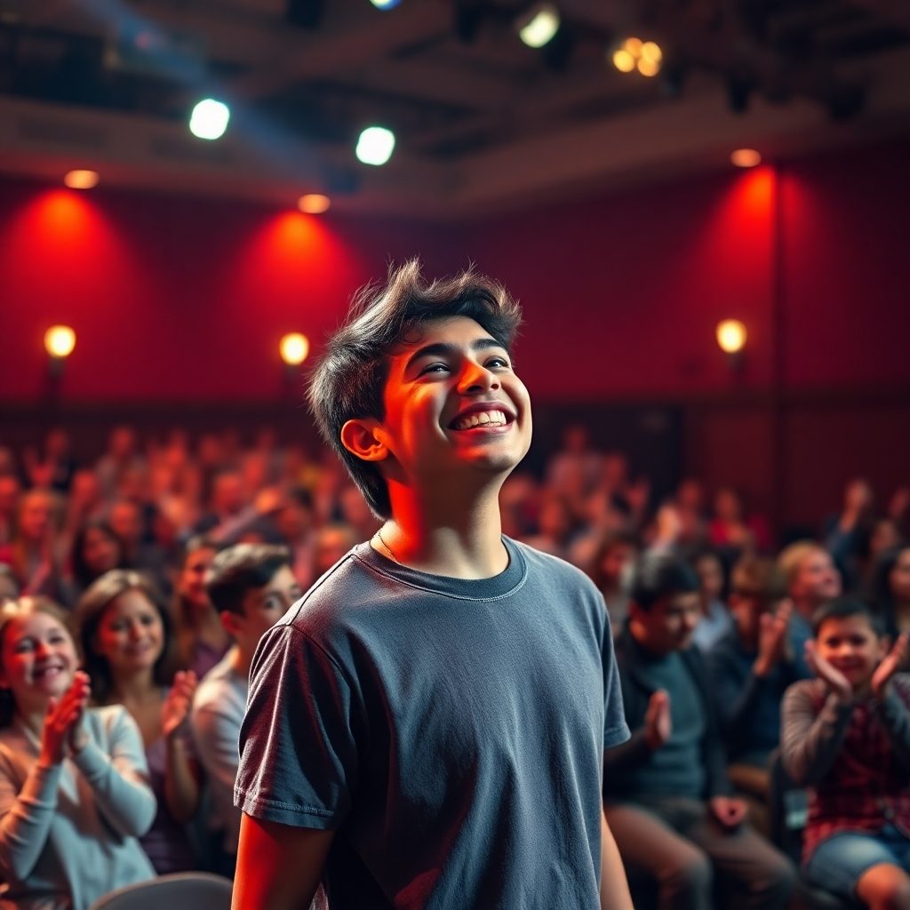 A wide shot of a student performing confidently on stage, smiling broadly, bathed in warm stage lighting; an audience applauds enthusiastically. Photorealistic, highly detailed, vibrant colors, dynamic composition, focus on the student's expression of joy and confidence.