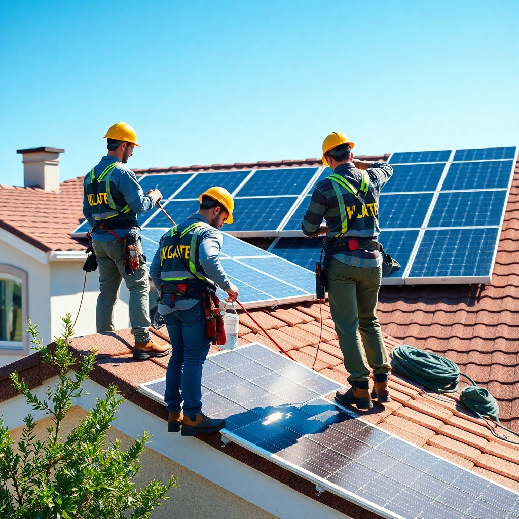A wide shot of a team of professional installers working efficiently and safely on installing solar panels on a new residential rooftop. The image should depict a sunny day, and the installation should appear neat and professional. The background should show a clear blue sky