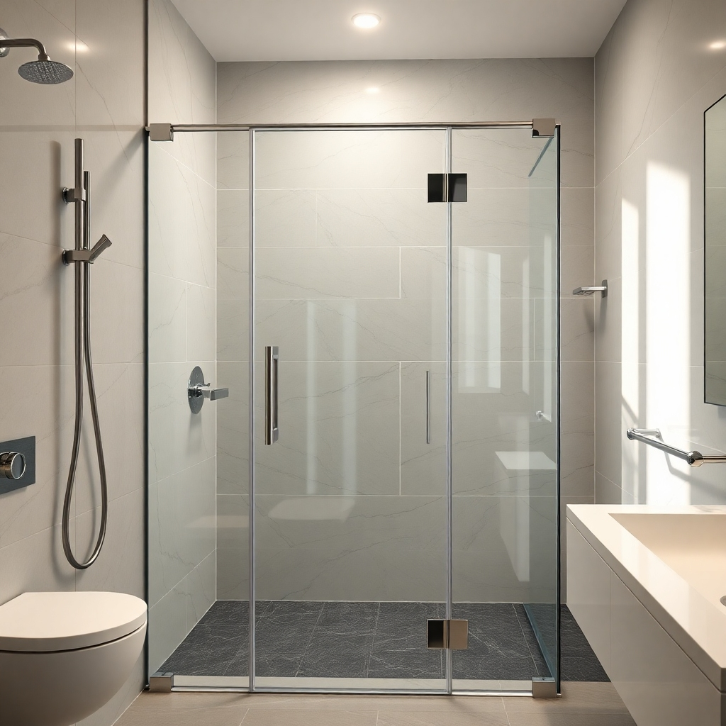 A wide shot showcasing a newly installed, modern glass shower door in a sleek bathroom setting. High-quality materials such as chrome fixtures and luxurious tiling should be visible, contrasting against the clear glass. The image should emphasize the seamless installation and overall aesthetic appeal. Natural light should create subtle reflections on the glass surface.