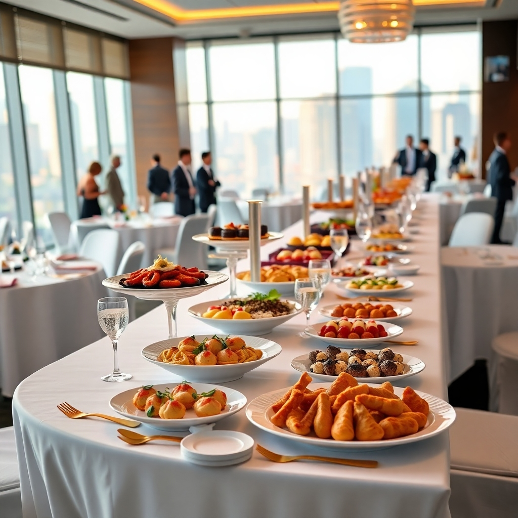 An 8K resolution, hyperrealistic photograph depicting a corporate event catering setup. The scene is elegantly arranged with pristine white tablecloths, gold cutlery, and crystal glasses. A lavish buffet table displays an assortment of gourmet appetizers, entrees, and desserts, meticulously arranged and beautifully lit with soft, warm lighting, casting subtle reflections. The background includes a modern conference room with large windows overlooking a cityscape, and some blurred figures of people in professional attire networking.  The overall mood is sophisticated and luxurious, conveying a sense of success and high-quality catering. The camera angle is from a slightly elevated position, providing a comprehensive view of the buffet and the environment. The image style should emulate the work of renowned food photographer, Michael Ho, with a focus on high-key lighting, sharp details, and textural richness of the food and table settings.  The scene should evoke a feeling of abundance and high-end hospitality. The color palette should be warm and inviting, with accents of gold and white.