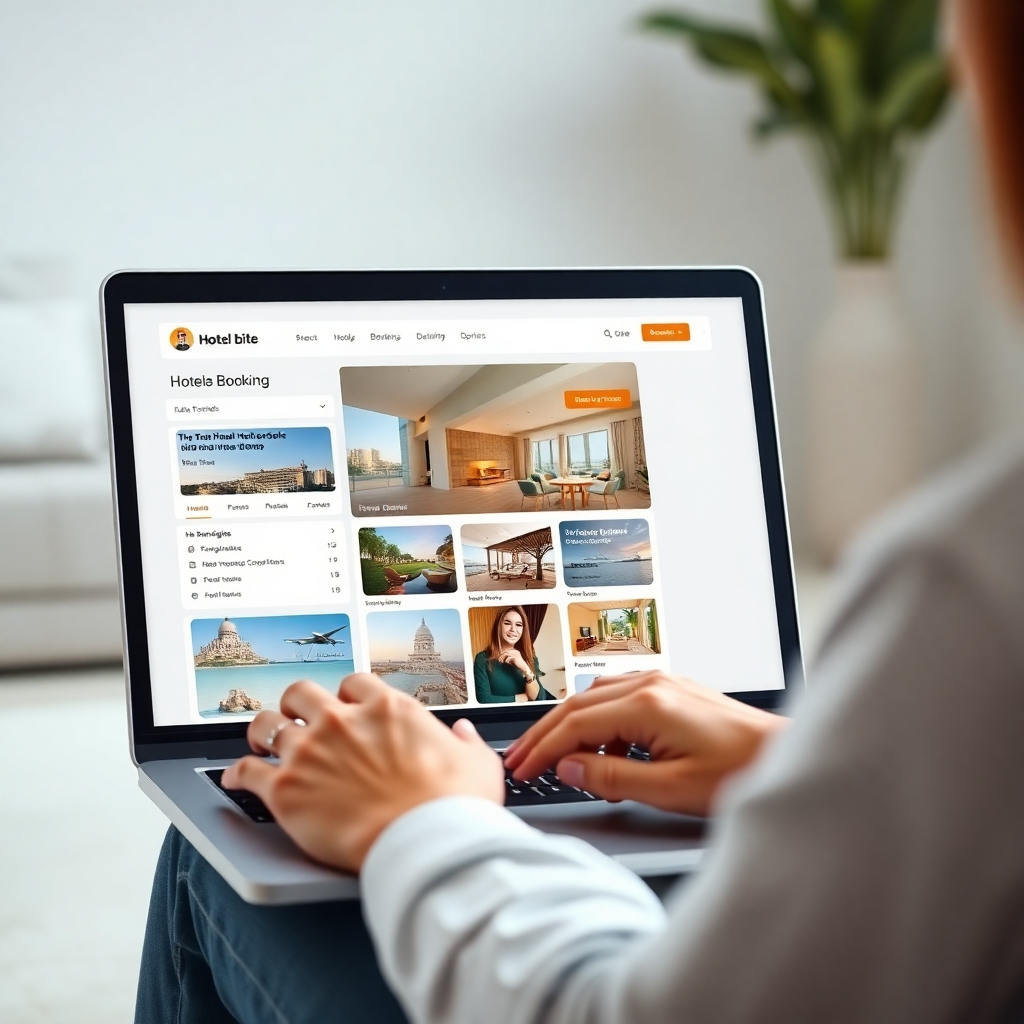 An image in the style of a clean, modern website interface, but photorealistic and highly detailed. The scene shows a person on a laptop, easily navigating a hotel booking website.  The screen displays a simplified, intuitive hotel booking interface with high-quality images of various hotels. The color palette is clean and bright, with accents of the hotel's brand color. The lighting is soft, diffused, and natural, avoiding harsh shadows.  The composition is focused on the laptop screen, with the person's hands subtly visible, highlighting the user-friendly design.  The overall feel is reassuring and trustworthy, emphasizing security and ease of use.  The background is a minimalist blur, drawing attention to the laptop screen, which needs to be hyperrealistic and highly detailed, showcasing clear text and images. The image must feel simple, sophisticated, and trustworthy, conveying the smooth booking process and secure payment options. The resolution should be 8K, hyperrealistic, and ultra-detailed, with realistic reflections and textures on the laptop screen and keyboard.
