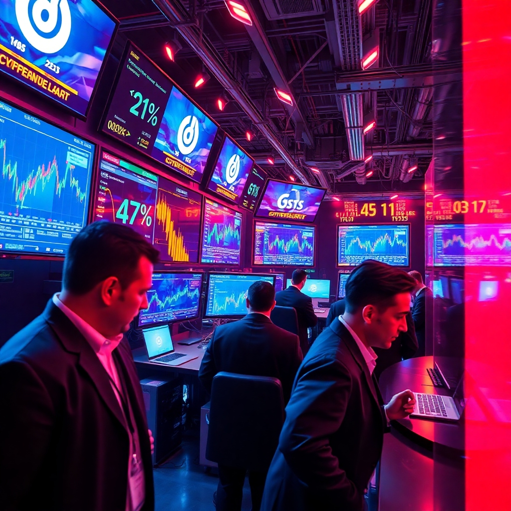 An ultra-detailed, 8K resolution photorealistic image depicting a bustling cryptocurrency exchange floor.  The scene is filled with bright, vibrant colors, emphasizing the fast-paced, energetic nature of the market. The lighting is dynamic, with spotlights highlighting key areas and figures. The composition should focus on several traders intensely focused on multiple large screens displaying dynamic cryptocurrency price charts with sharp, clear data visualization.  The background features advanced technological infrastructure, servers, and data cables. The overall mood should be exciting and high-energy. The perspective is from slightly elevated, overlooking the floor.  The style should draw inspiration from cinematic shots in films such as 'Wall Street' and 'Margin Call'. High-quality textures such as polished screens and metallic surfaces must be evident.  The image should project a sense of professionalism, trust and efficiency