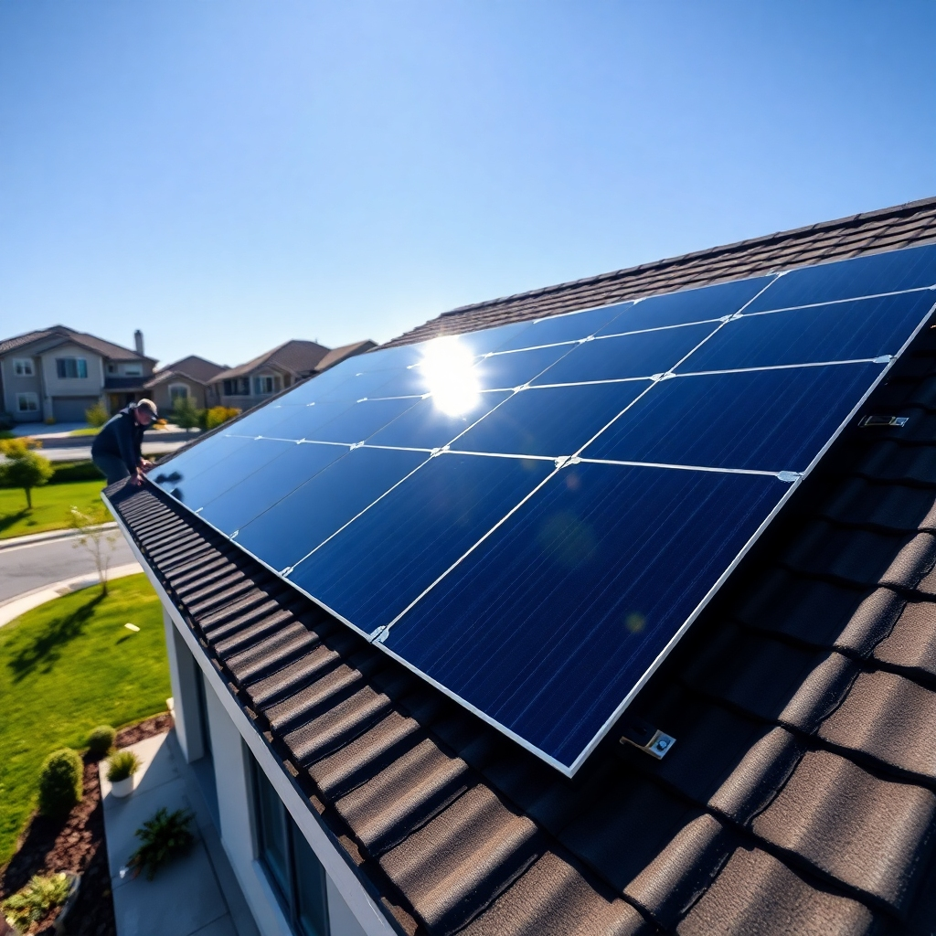 An ultra-detailed, hyperrealistic image (8K resolution) showcasing the installation of a new solar panel array on a modern suburban home. The lighting is bright and sunny, with slight shadows that emphasize the three-dimensional aspects of the panels and the roof. The color palette features vibrant blues from the sky, contrasting with the dark grey and deep blue tones of the solar panels. The camera perspective is from a slightly elevated angle, showing the full array and the clean work of the installers.  The image should capture the sleek, modern aesthetics of the panels and their precise alignment. The textures should be highly realistic, showing the smooth surface of the panels, the slightly rough texture of the roof tiles, and the intricate detail of the mounting hardware.  Background elements include a neatly trimmed lawn and a partially visible, idyllic suburban street. The style should evoke the clean, professional aesthetic of a product advertisement, in the style of Apple product photography. The overall feeling should be one of efficiency and clean energy.