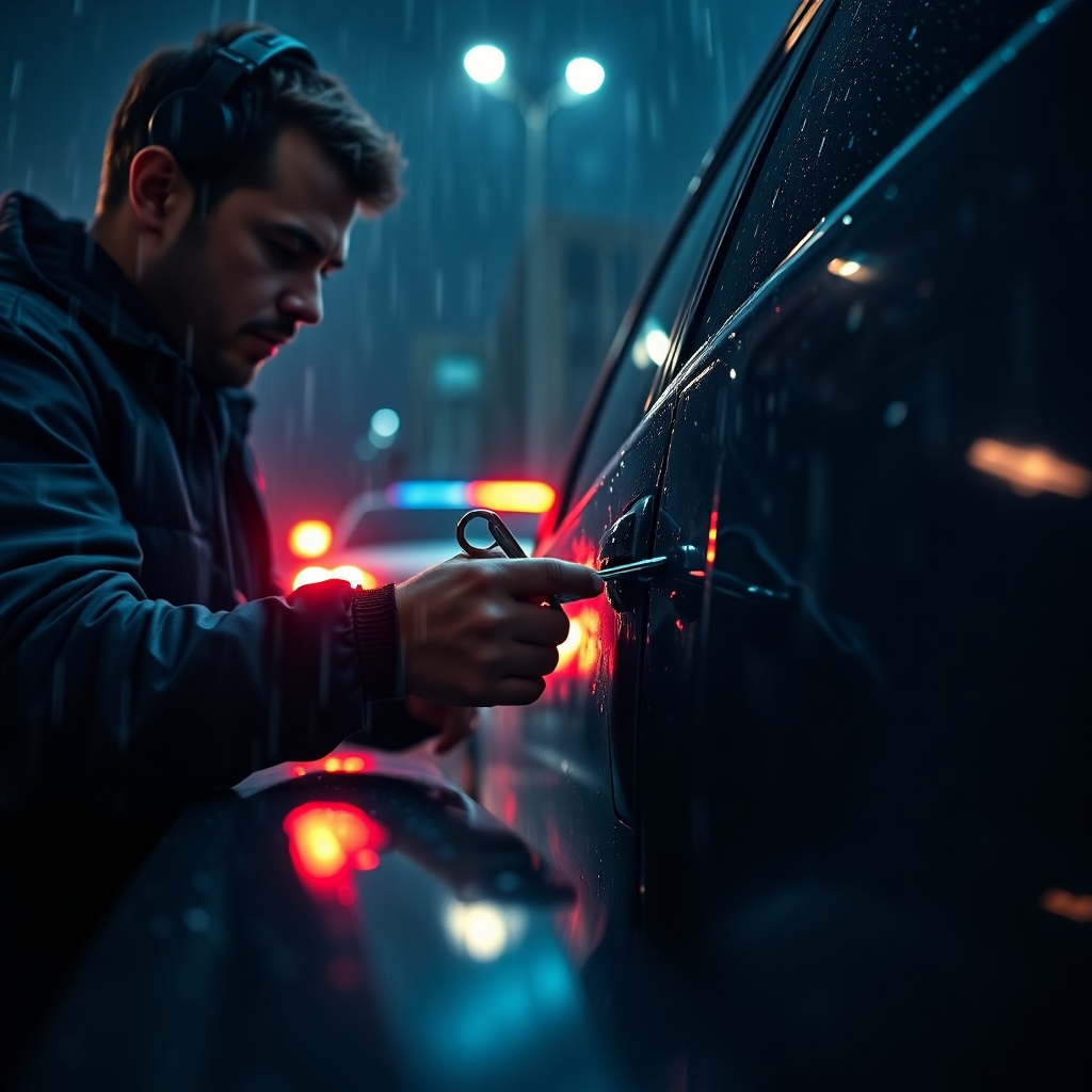 An ultra-detailed, hyperrealistic image showcasing an emergency lockout service. A locksmith, illuminated by the dramatic side lighting of a flashing police car's lights, is skillfully picking the lock of a car door in the pouring rain. The color palette is dark and moody, with cool blues and grays dominating, reflecting the urgency of the situation. The camera angle is from a low perspective, emphasizing the locksmith's focused expression and the tension of the moment. The rain creates a glistening, reflective surface on the car and the locksmith's tools. Textures are paramount; the gritty texture of the asphalt, the cold gleam of the metal tools, the sheen of the rain on the car's surface. The background is a blurred cityscape at night, adding to the dramatic atmosphere. The image should convey a sense of urgency, expertise, and reliability, styled like a high-octane action photograph. Render in 8K resolution with physically accurate lighting and materials.