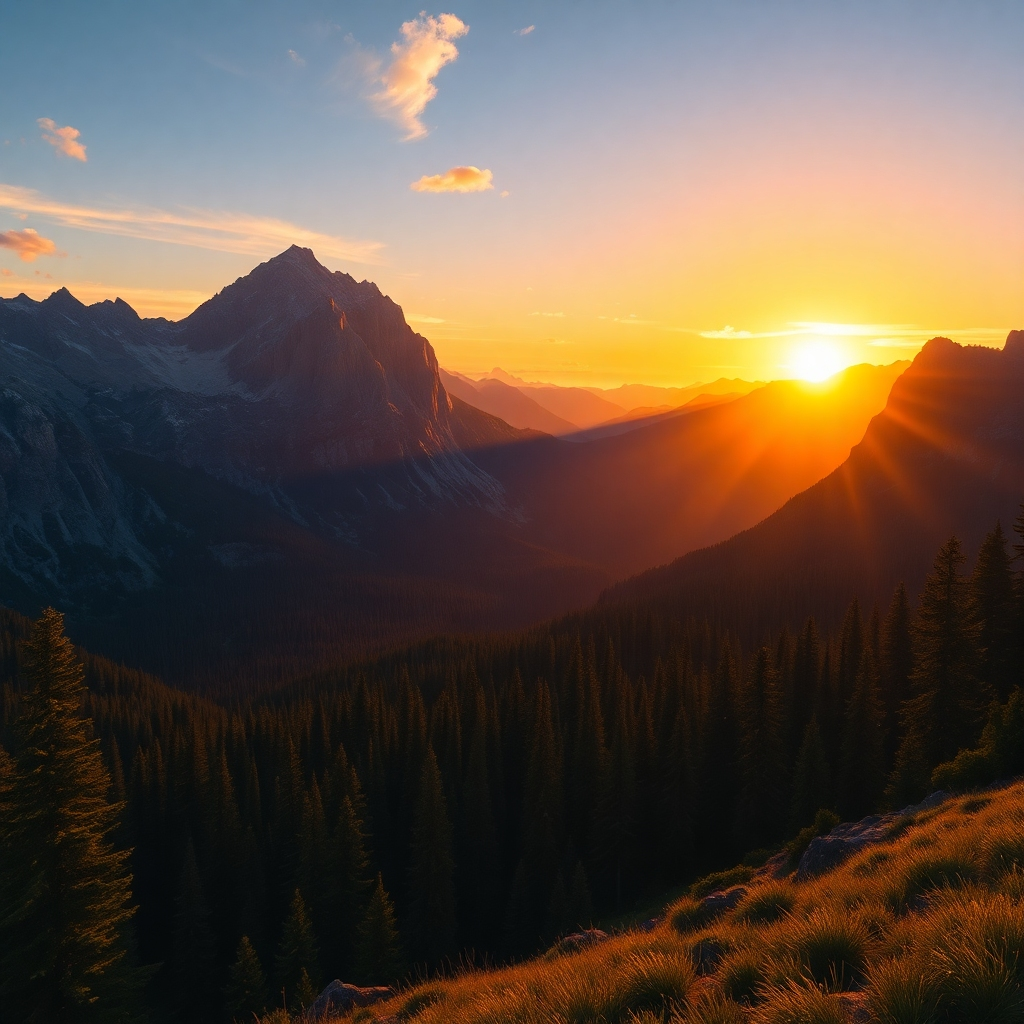 An ultra-detailed, hyperrealistic landscape painting of a majestic mountain range at sunset. The scene is dominated by towering peaks, with deep valleys and lush forests in the foreground. The lighting is dramatic, with warm golden hues dominating the sky and long shadows stretching across the landscape. The color palette is rich and vibrant, with deep blues, purples, oranges, and yellows. The camera angle is from a high vantage point, overlooking the entire scene.  The textures of the rocks, trees, and grass are meticulously rendered, creating a sense of depth and realism. The style is inspired by the work of Albert Bierstadt, with a focus on capturing the grandeur and scale of nature. The painting is 8K resolution, emphasizing minute details like individual leaves and blades of grass.  The overall mood is awe-inspiring and majestic.