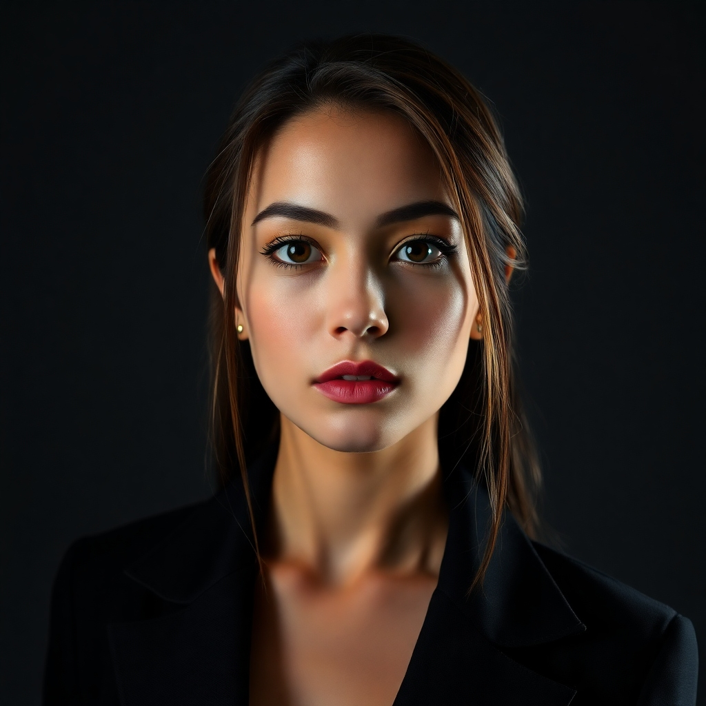 An ultra-detailed, hyperrealistic portrait photograph of a young woman, shot in a studio setting with dramatic side lighting. The lighting accentuates her features, casting soft shadows that add depth and dimension to the image. She is wearing a stylish, modern outfit that complements her complexion. The background is a muted, dark grey, ensuring the focus remains entirely on the subject. The camera angle is eye-level, creating a direct and intimate connection with the viewer. The color palette is rich and sophisticated, emphasizing natural skin tones and rich textures in her clothing. The image style should be reminiscent of the work of Steve McCurry, with a focus on capturing the subject's unique character and personality. The resolution should be at least 8K, showcasing every detail of her hair, eyes, and expression.   The photograph should have a sense of elegance and sophistication, with a slightly surreal and cinematic quality. The texture of her skin and clothing should be hyperrealistic, capturing the finest details.